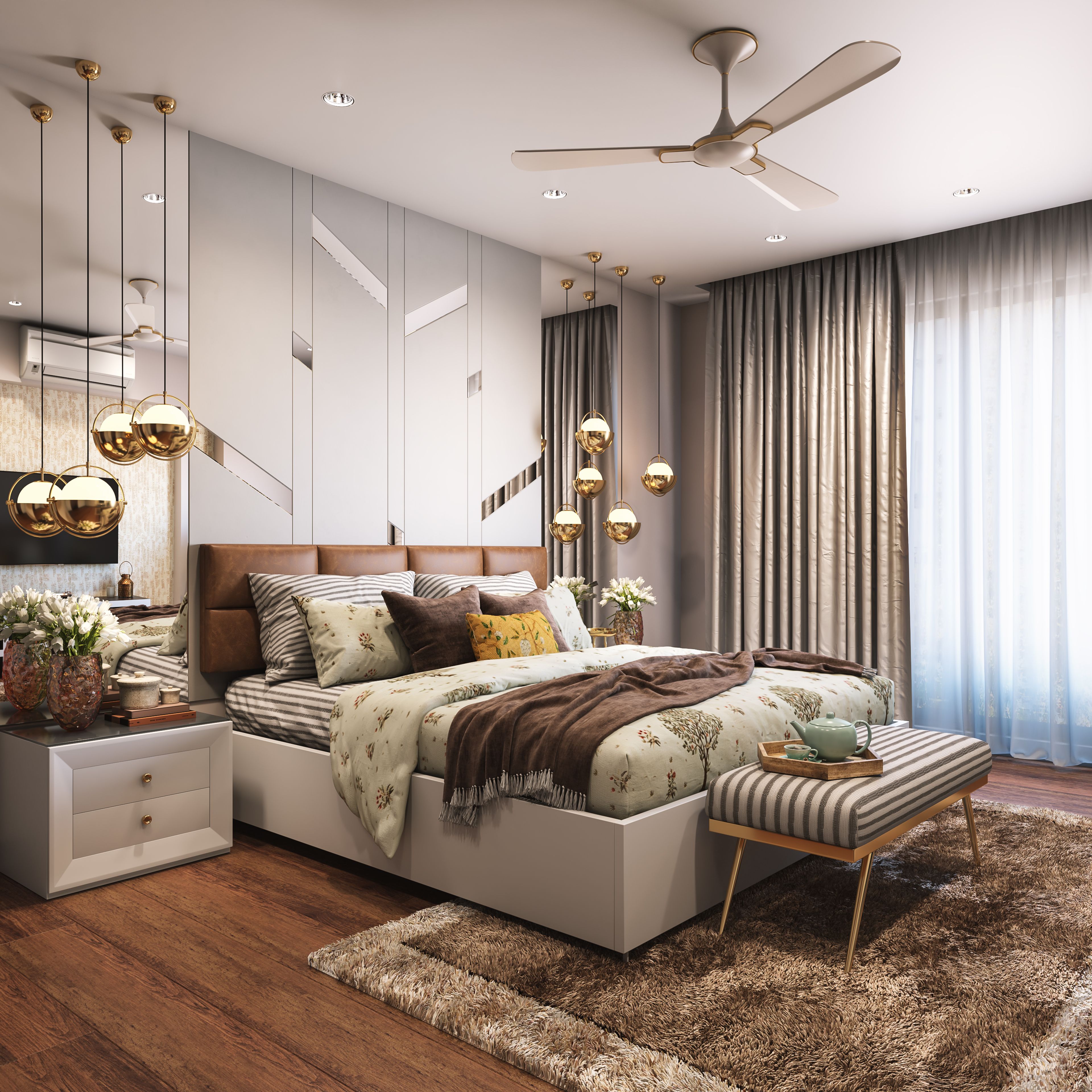 Master Bedroom Design with Hanging Lights, Spot Lights, Wooden Flooring and Side Tables