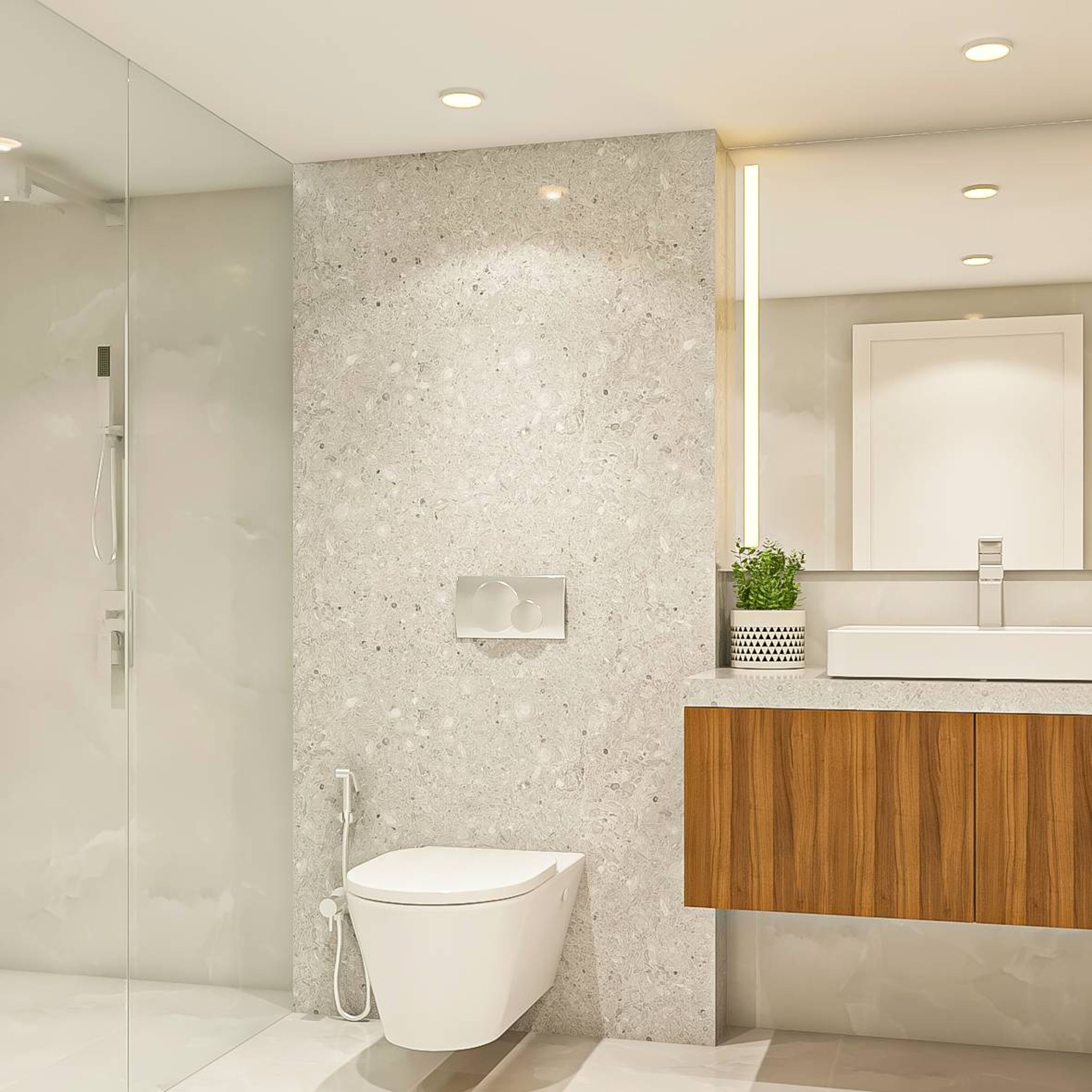 Bathroom Design with Square Mirror, Wooden Cabinet, Marble Wall and Glass Partition Shower Area