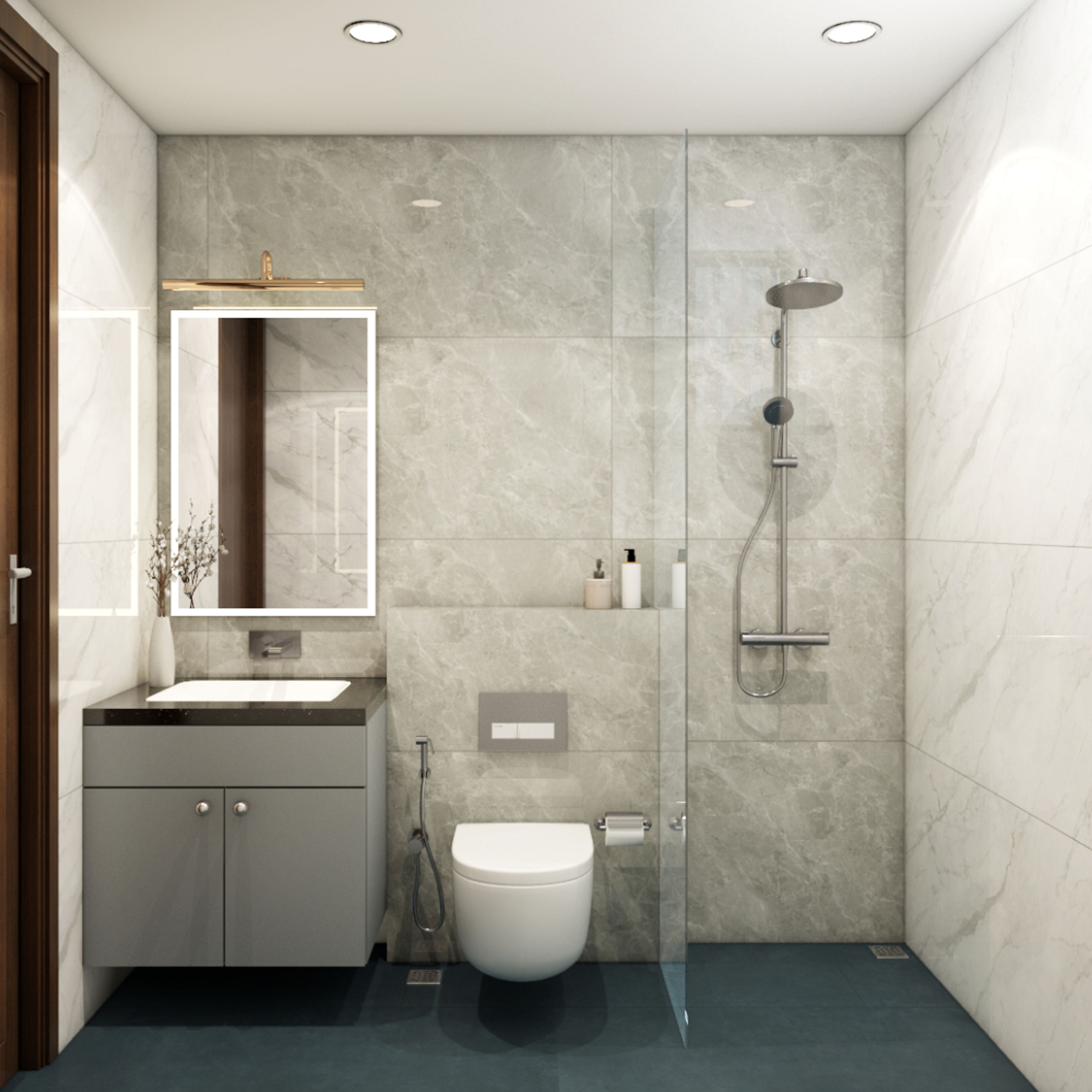 Bathroom Design with Rectangular Mirror, Grey Cabinet, Grey Marble Wall and Glass Partition Shower Area