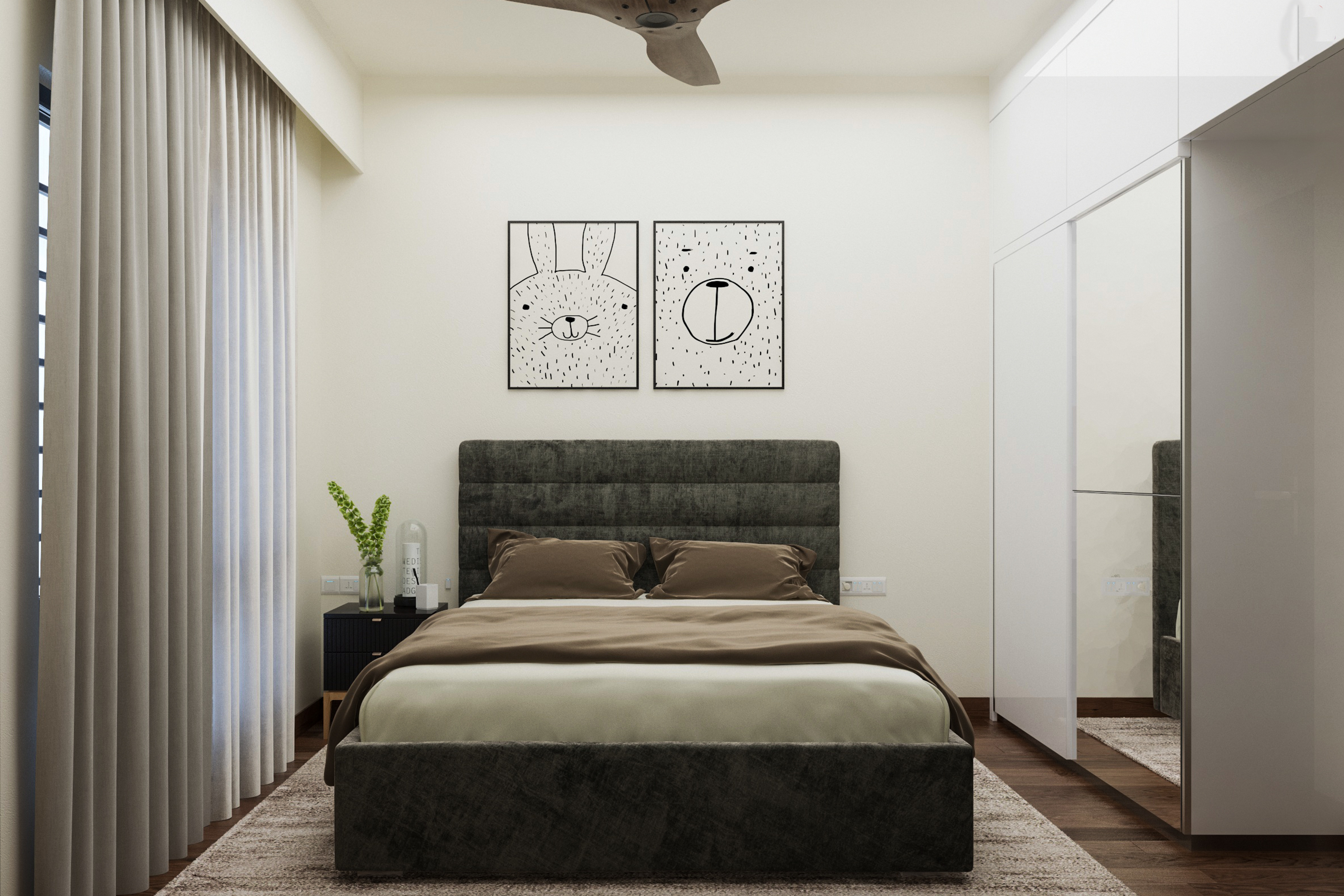 Kids Bedroom Design with Off-White Walls with Cartoon Wall Art and 2-Door Sliding Wardrobe with Integrated Mirror