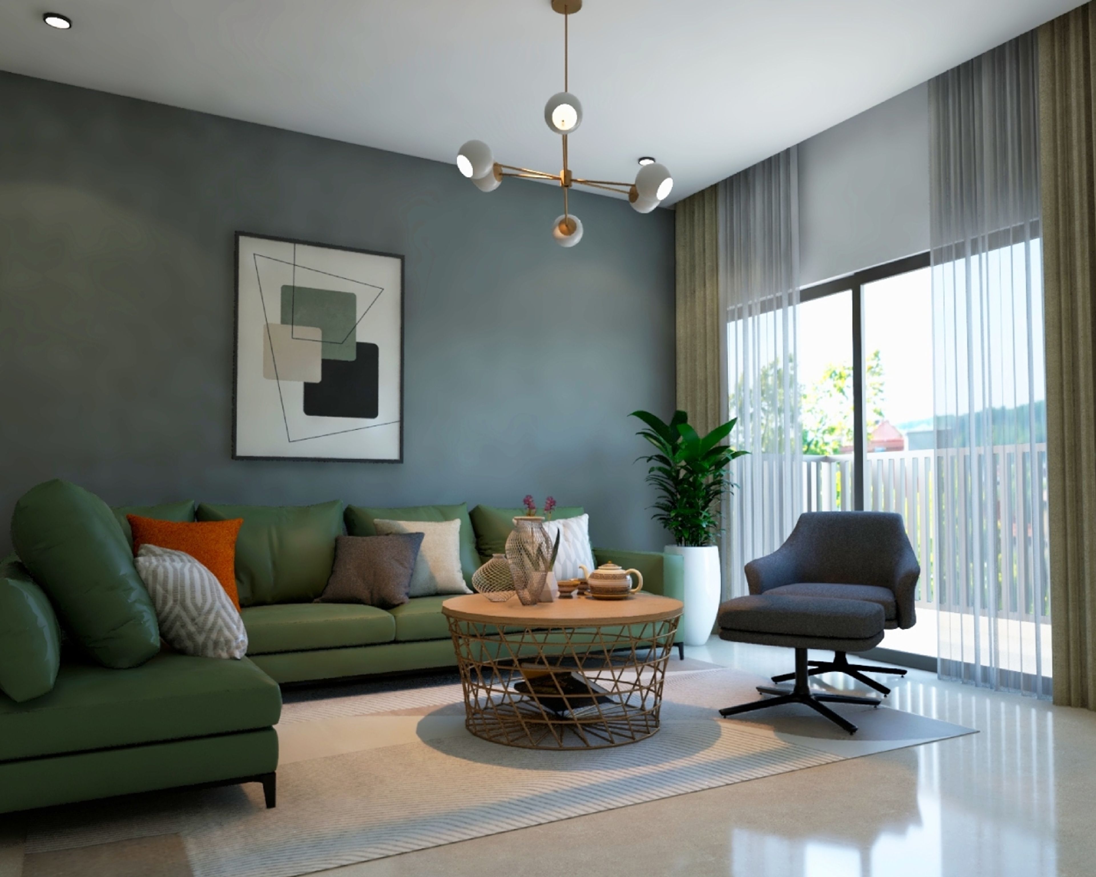 Living Room Design with L-Shaped Green Sofa, Grey Wall, Extendable Chair, Wooden Central Table and Chandelier