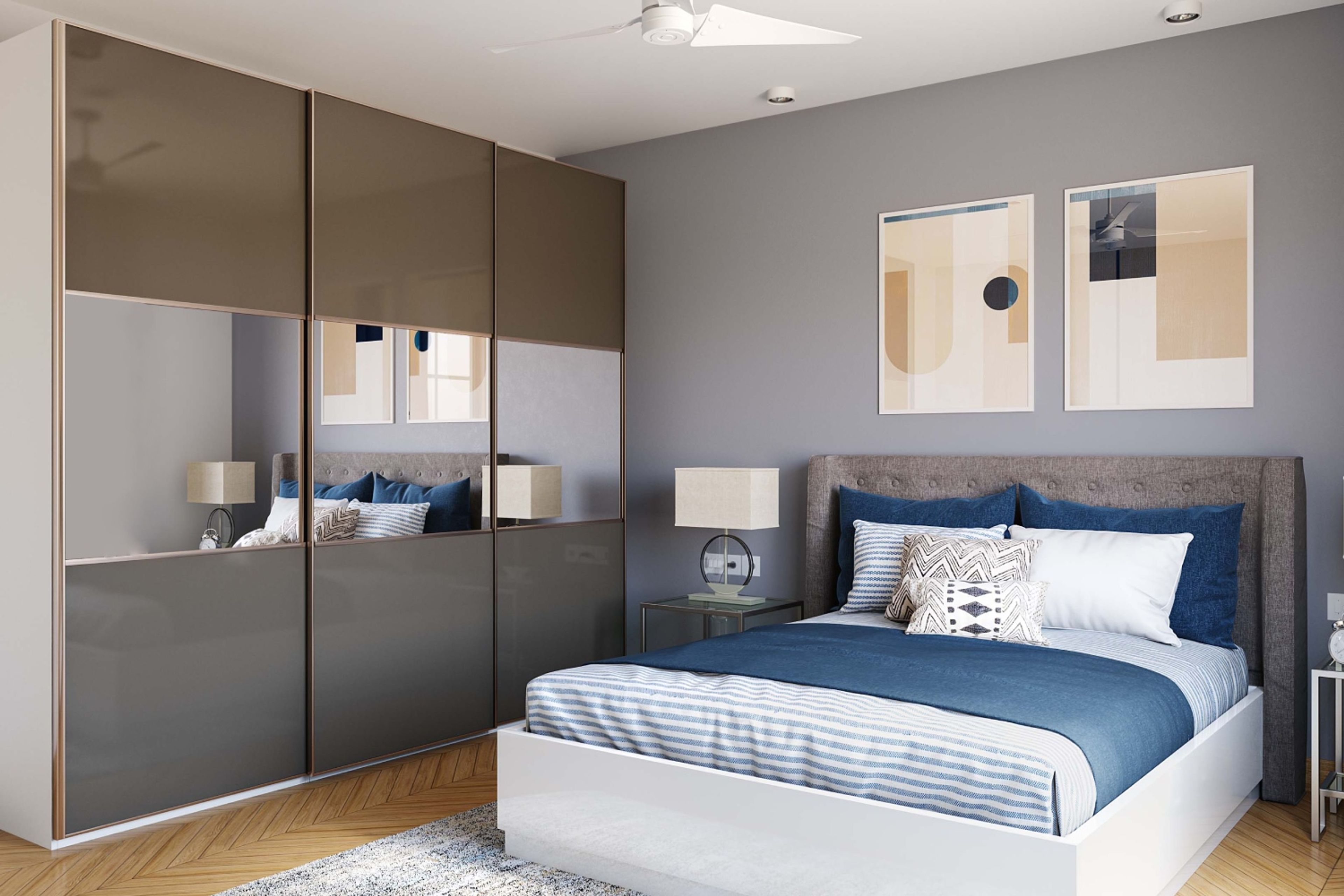Master Bedroom Design with Grey Wall, 3-Door Sliding Wardrobe with Integrated Mirror, and Abstract Artworks