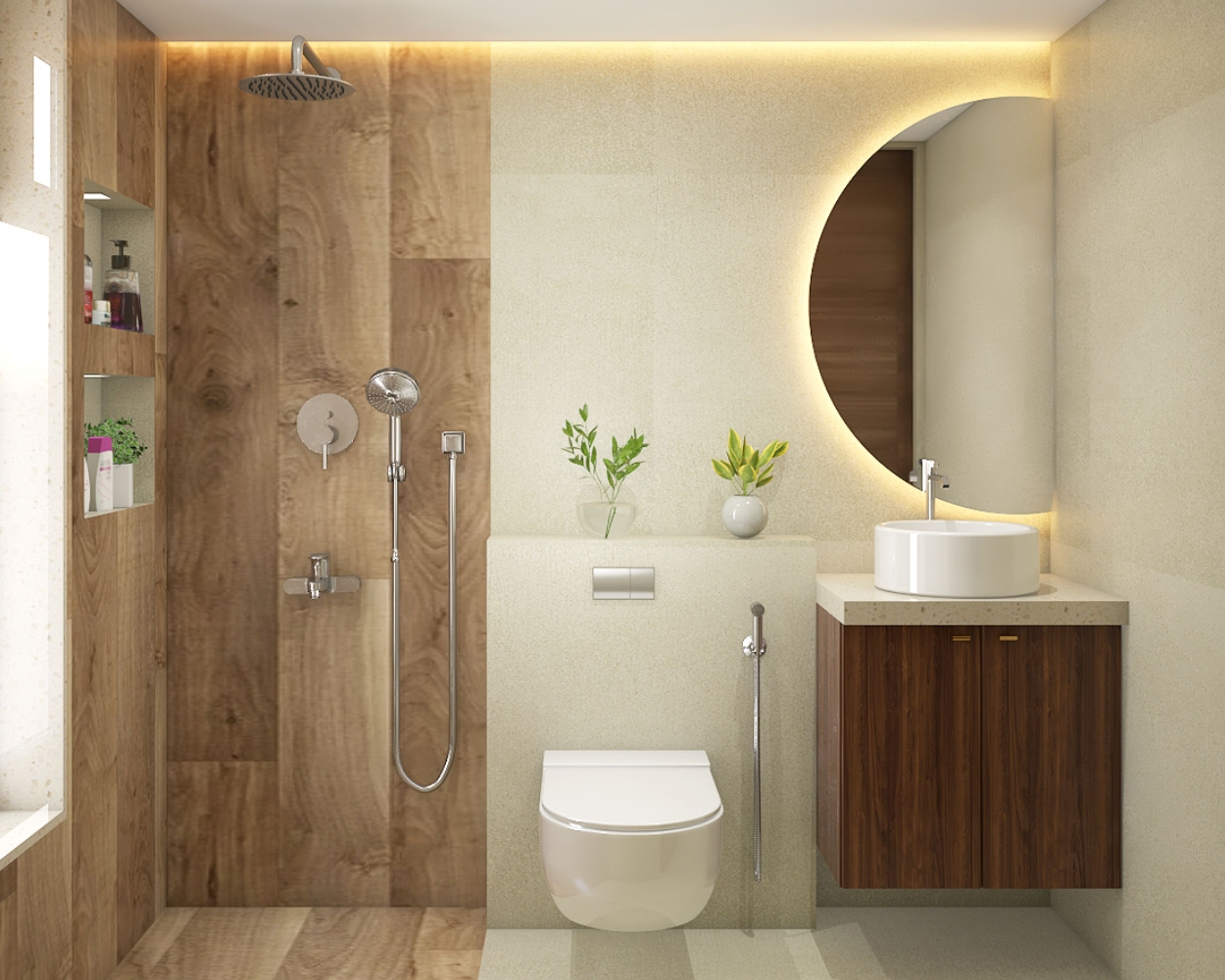 Bathroom Design with Crescent Moon Mirror with Cove Light, Dark Wood Cabinet, and Wooden Pattern Tiles