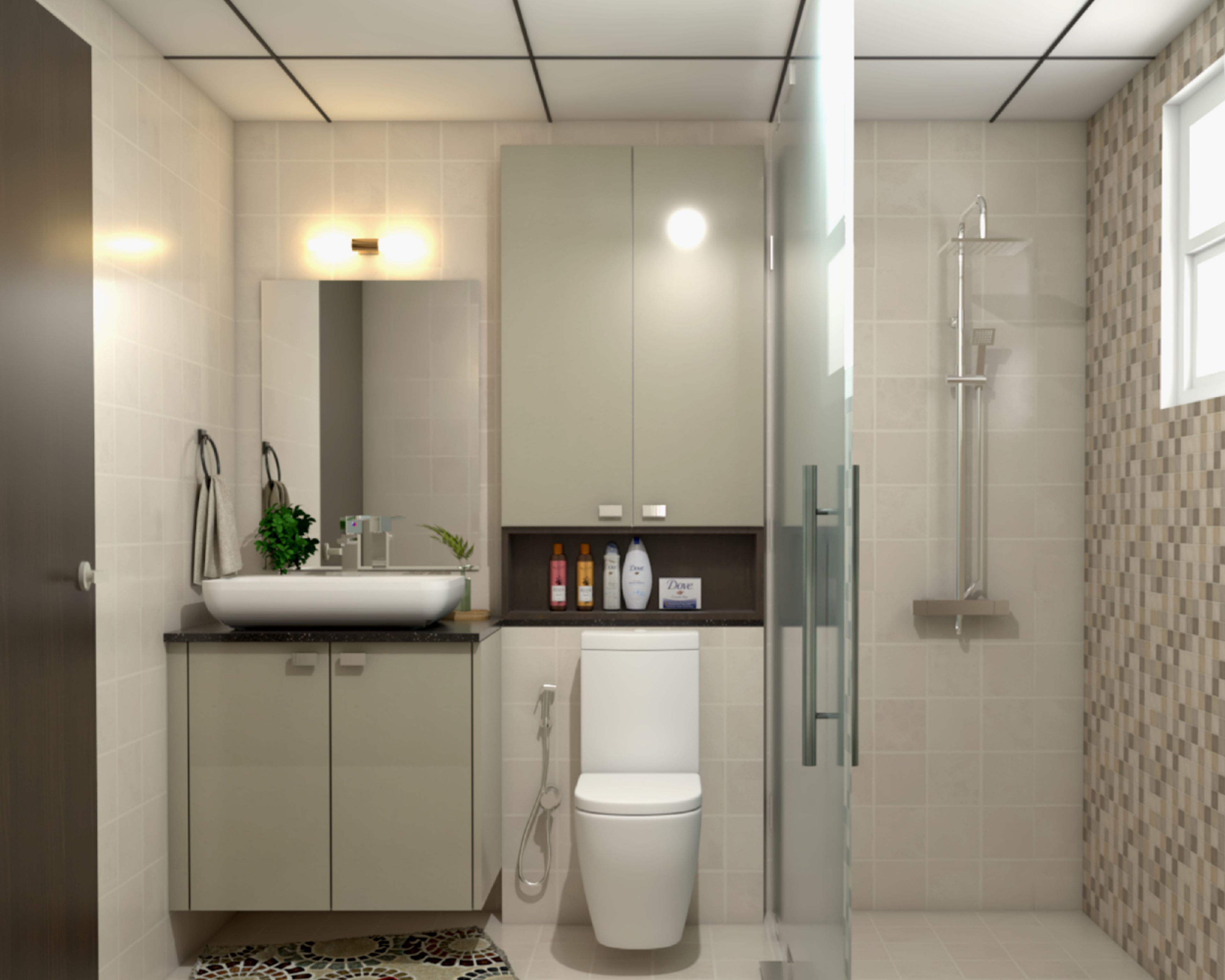Off-White Bathroom Design with Rectangular Mirror, Light Beige Base and Wall Cabinets, and Glass Partition Shower Area