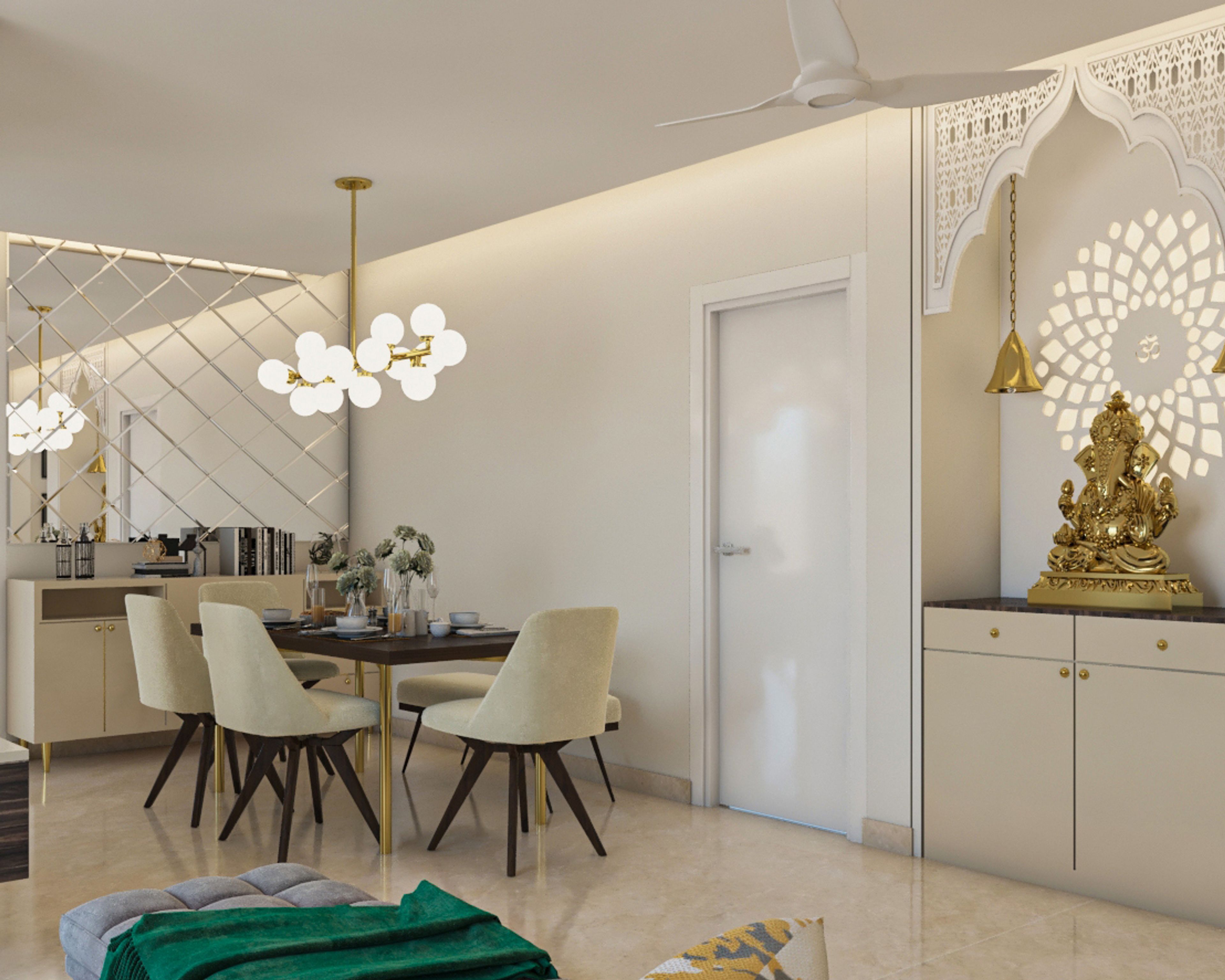 6-Seater Dining Room Design with 4 Beige Chairs, Cushioned Bench, Chandelier and CNC Pooja Room with Cabinet