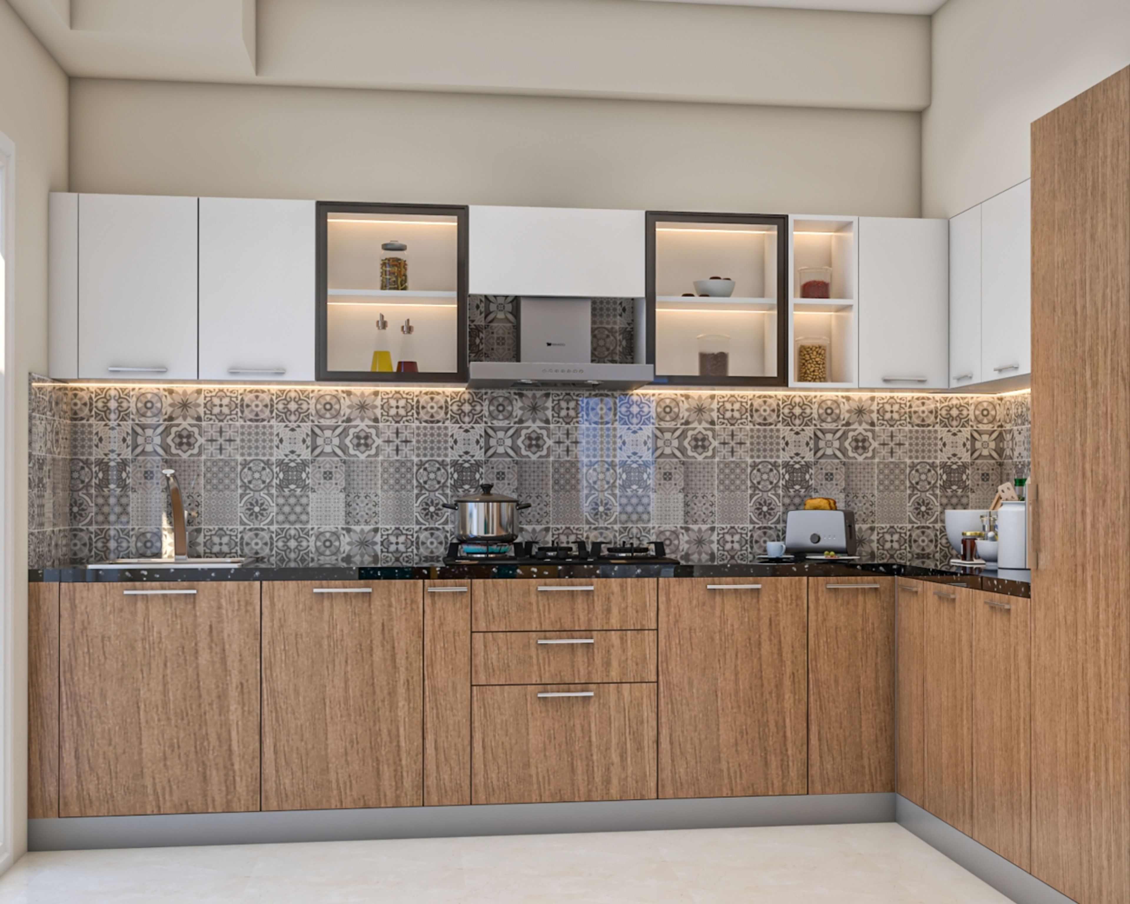 L-Shaped Modular Kitchen Design with Wooden and White Base and Wall Units, Moroccan Tiles and Granite Countertop