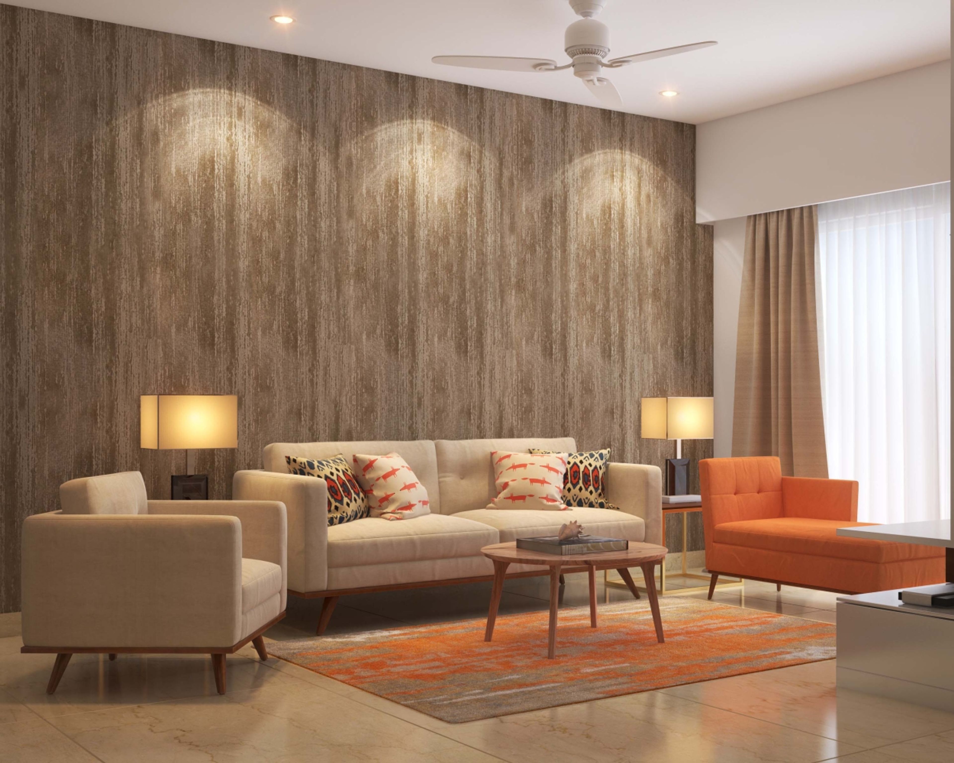 Living Room Design with Beige Upholstered Sofas, Orange Bench, Textured Brown Wall, and Table Lamps on Side Tables
