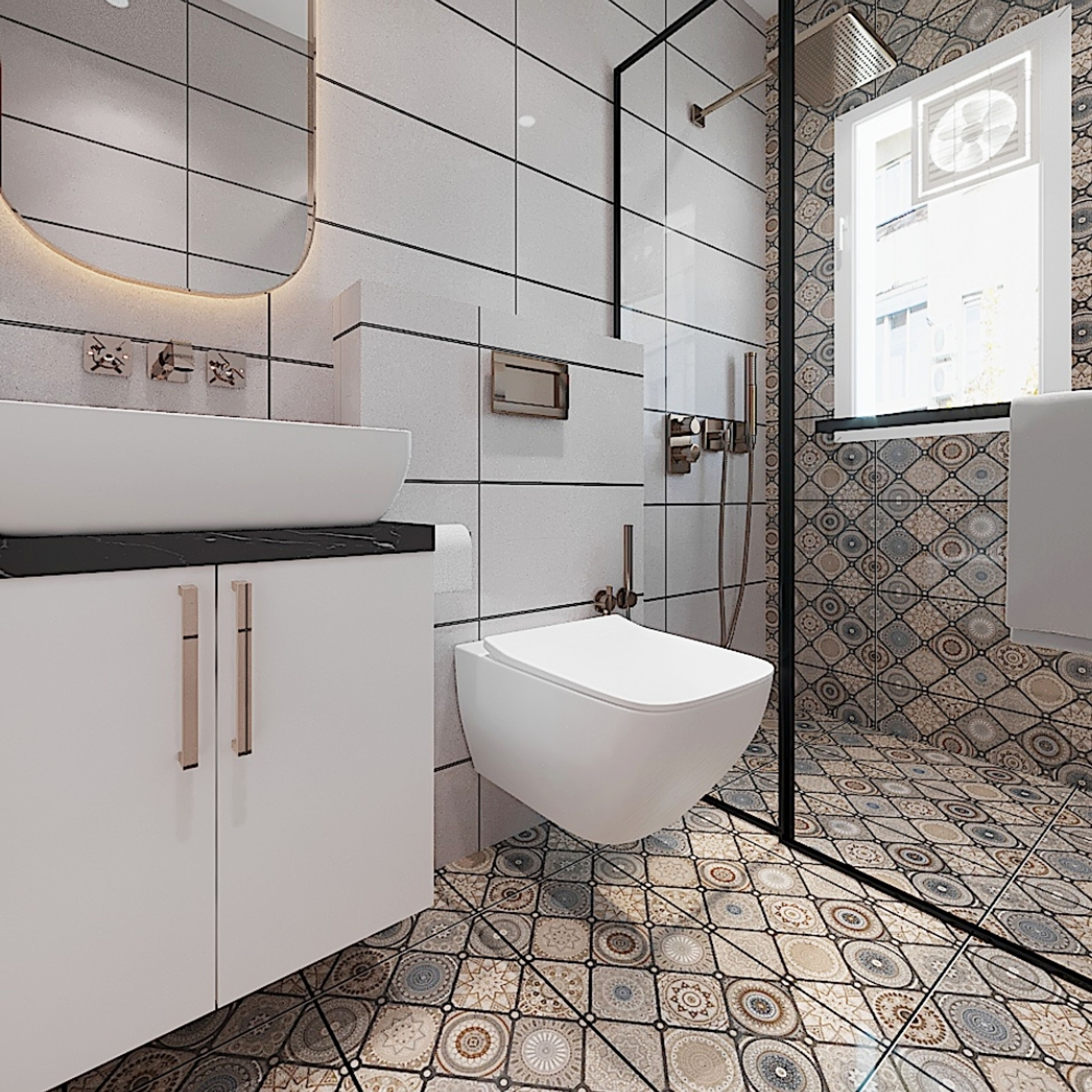 Bathroom Design with Moroccan Tile Flooring, Rectangular Flooring, White Cabinets, and Glass Partition Shower Area