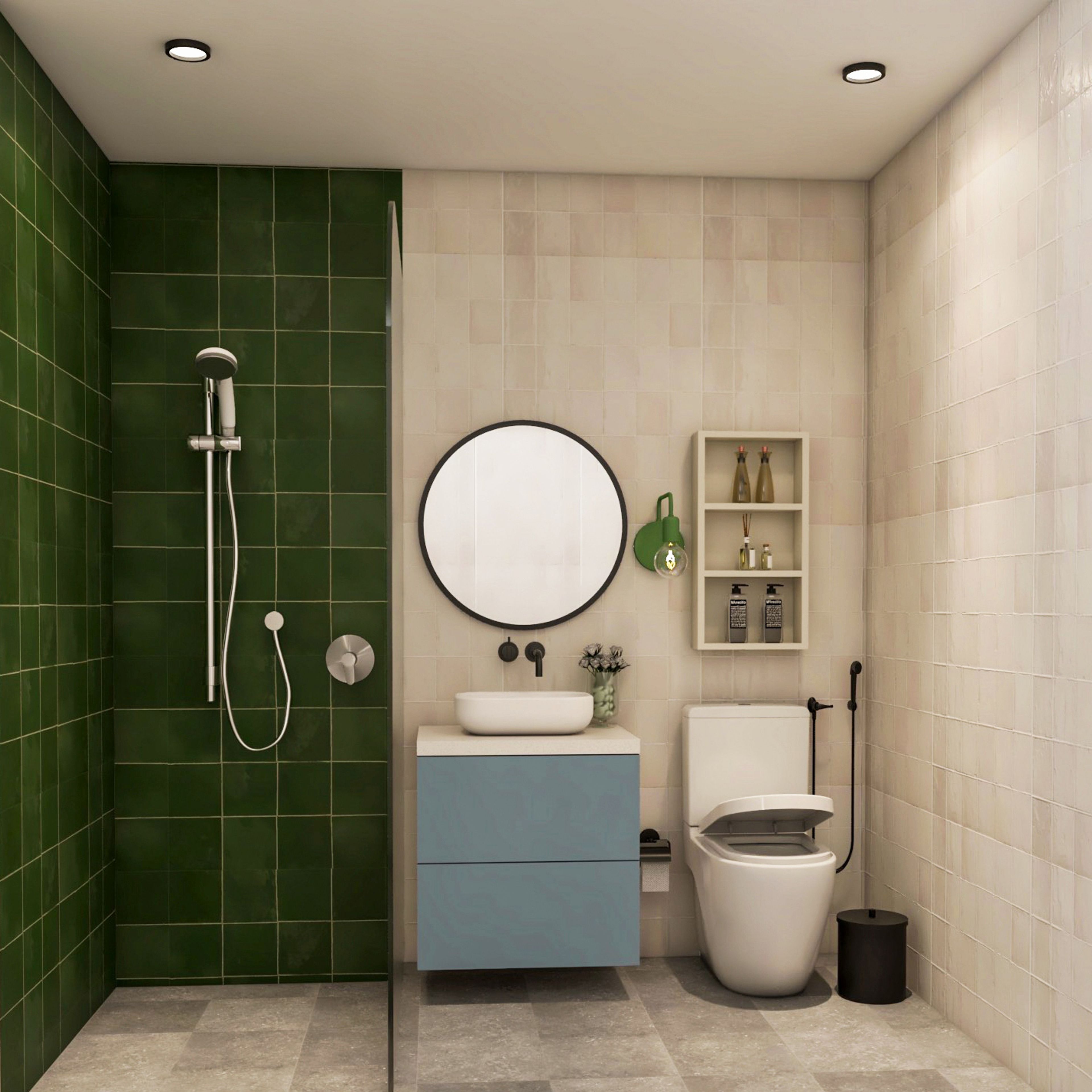 Bathroom Design with Round Mirror, Light Blue Drawer Cabinet, Open Shelf, and Glass Partition Shower Area with Green Tiles