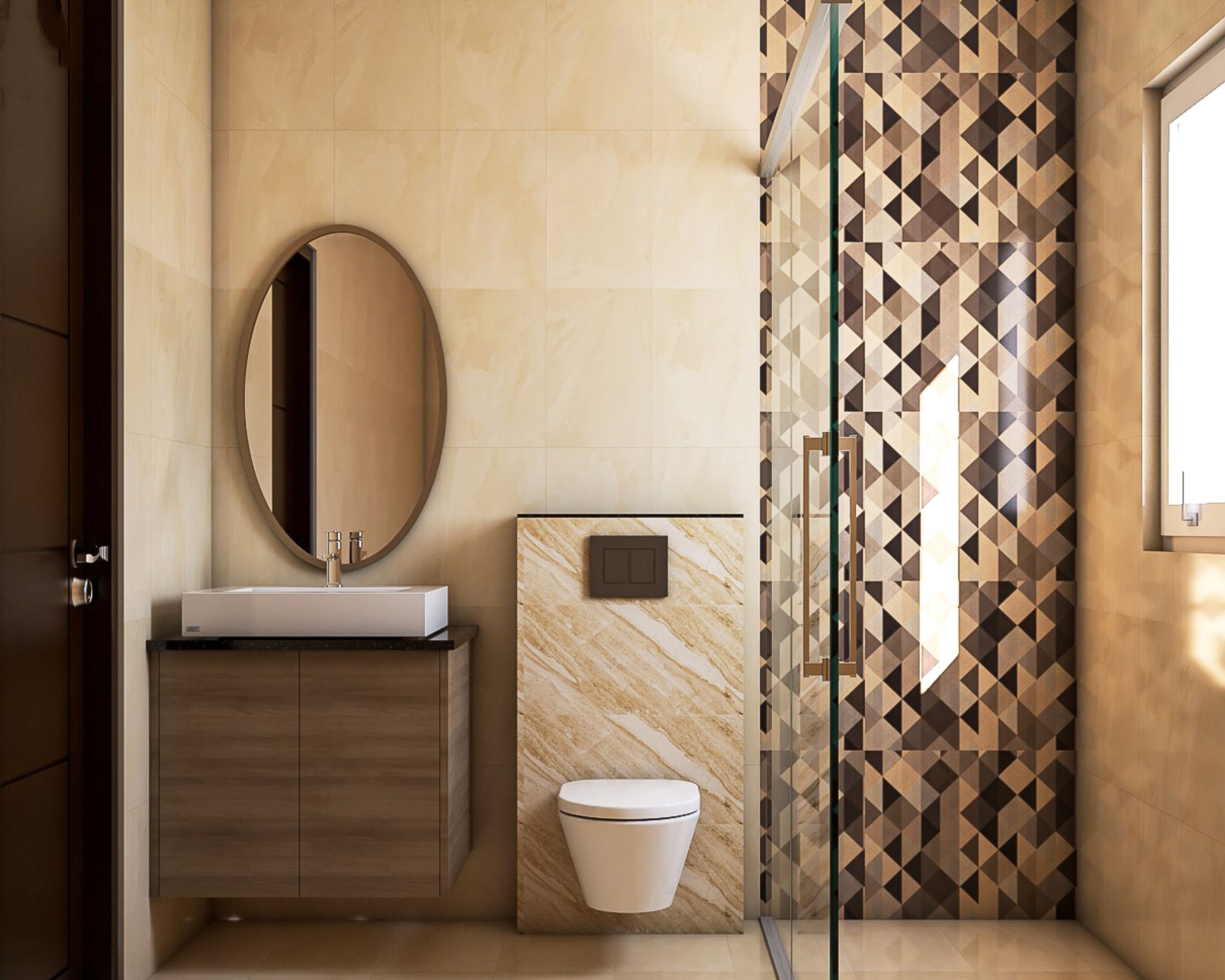 Bathroom Design with Oval Mirror, Wooden Cabinet, and Glass Partition Shower Area with Geometric Tiles