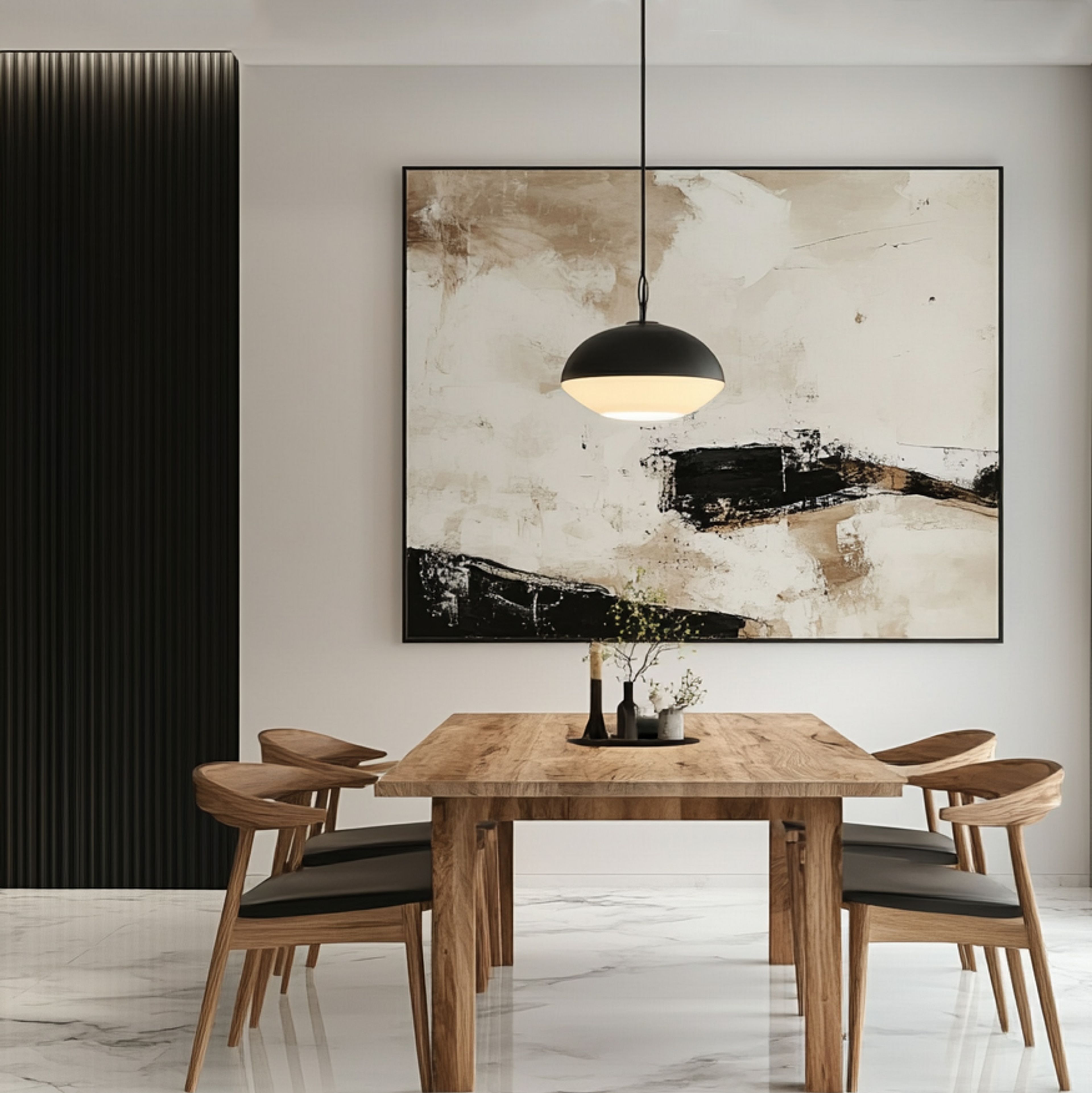 4-Seater Dining Room Design with Wooden Table and Chairs, Wooden Panelled and White Wall with Abstract Artwork
