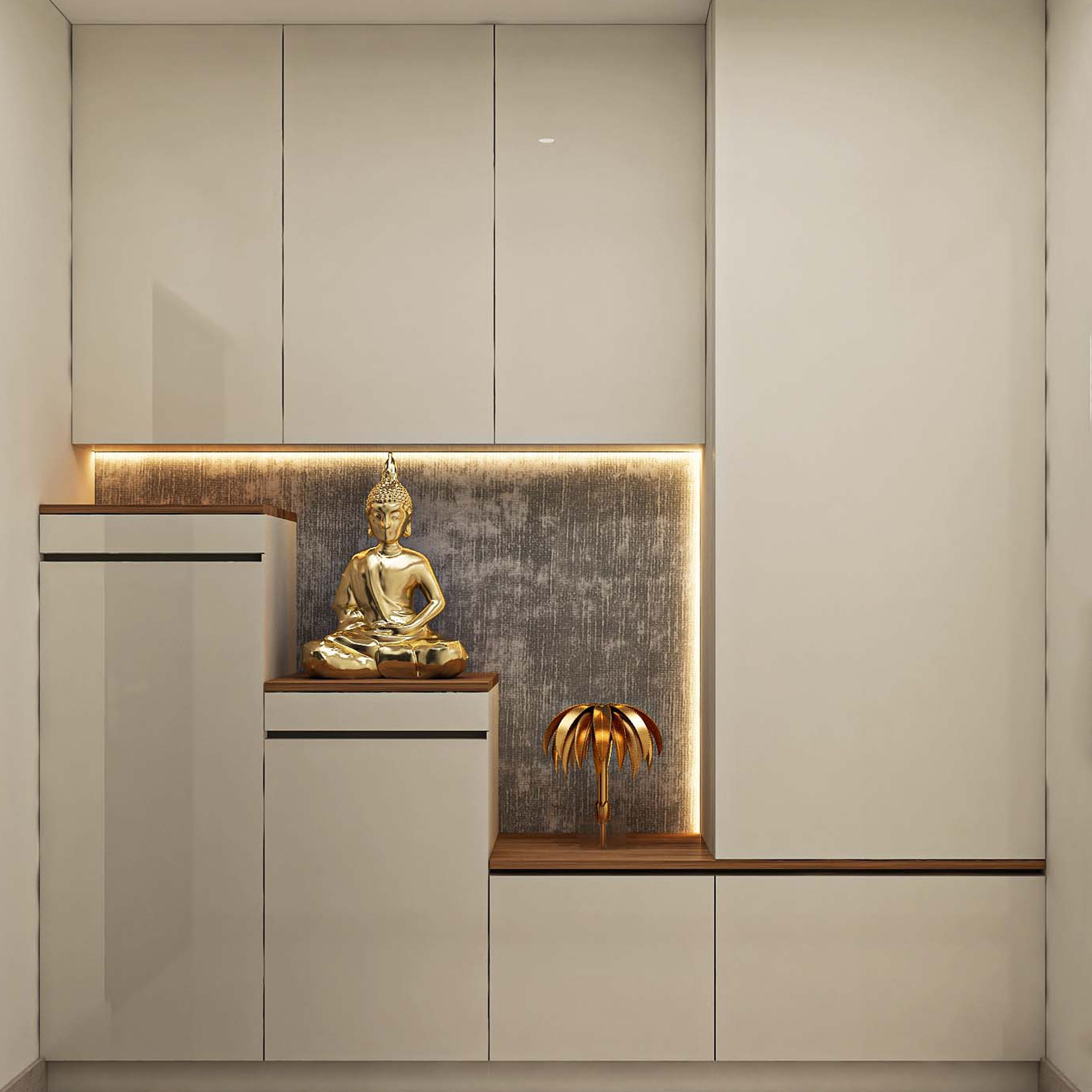 Foyer Design with Beige Wall and Base Cabinets and Buddha Decor