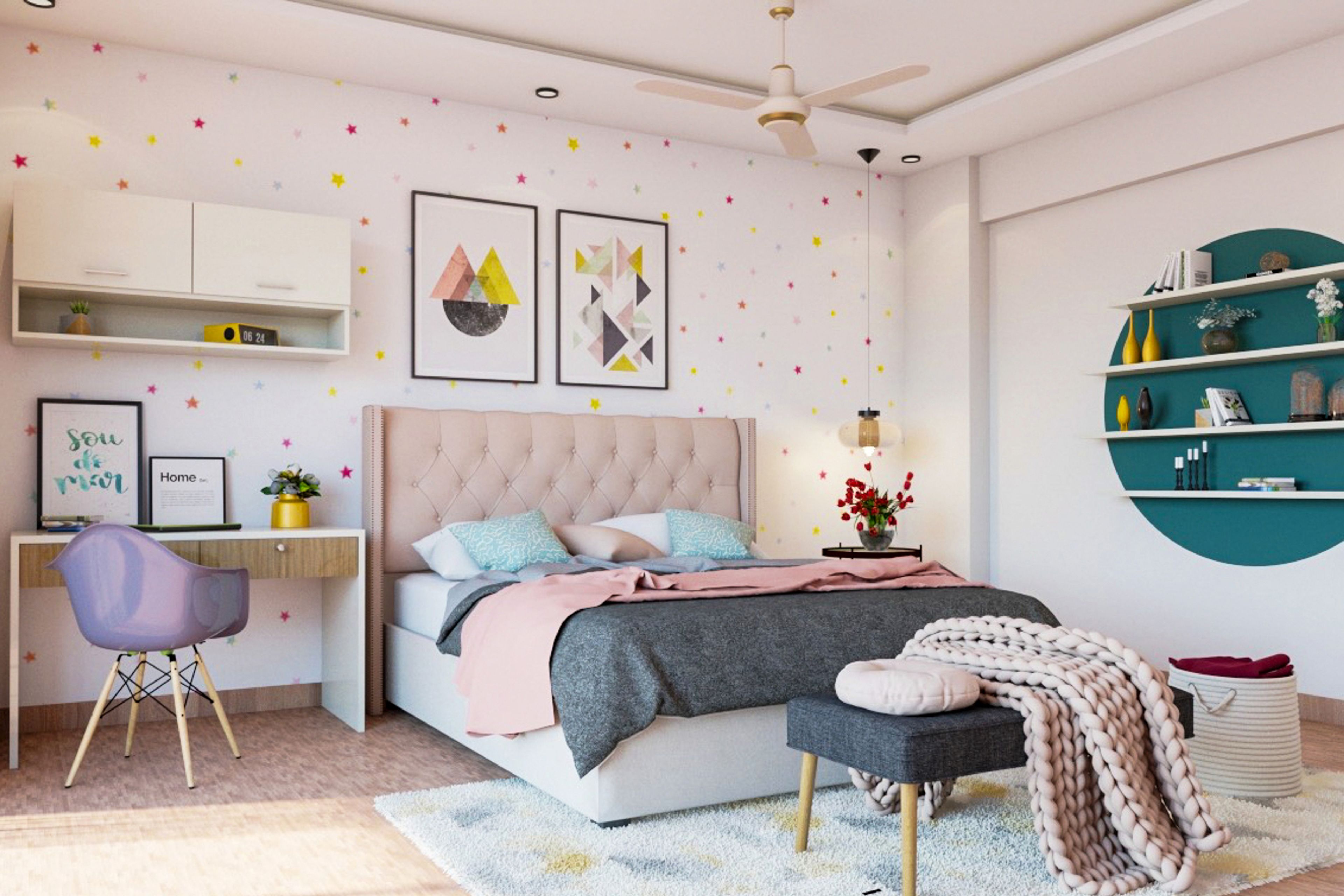 Kids Bedroom Design with Little Stars Themed Wall, Open Wall Shelves, and Study Space with Wall Unit and Chair