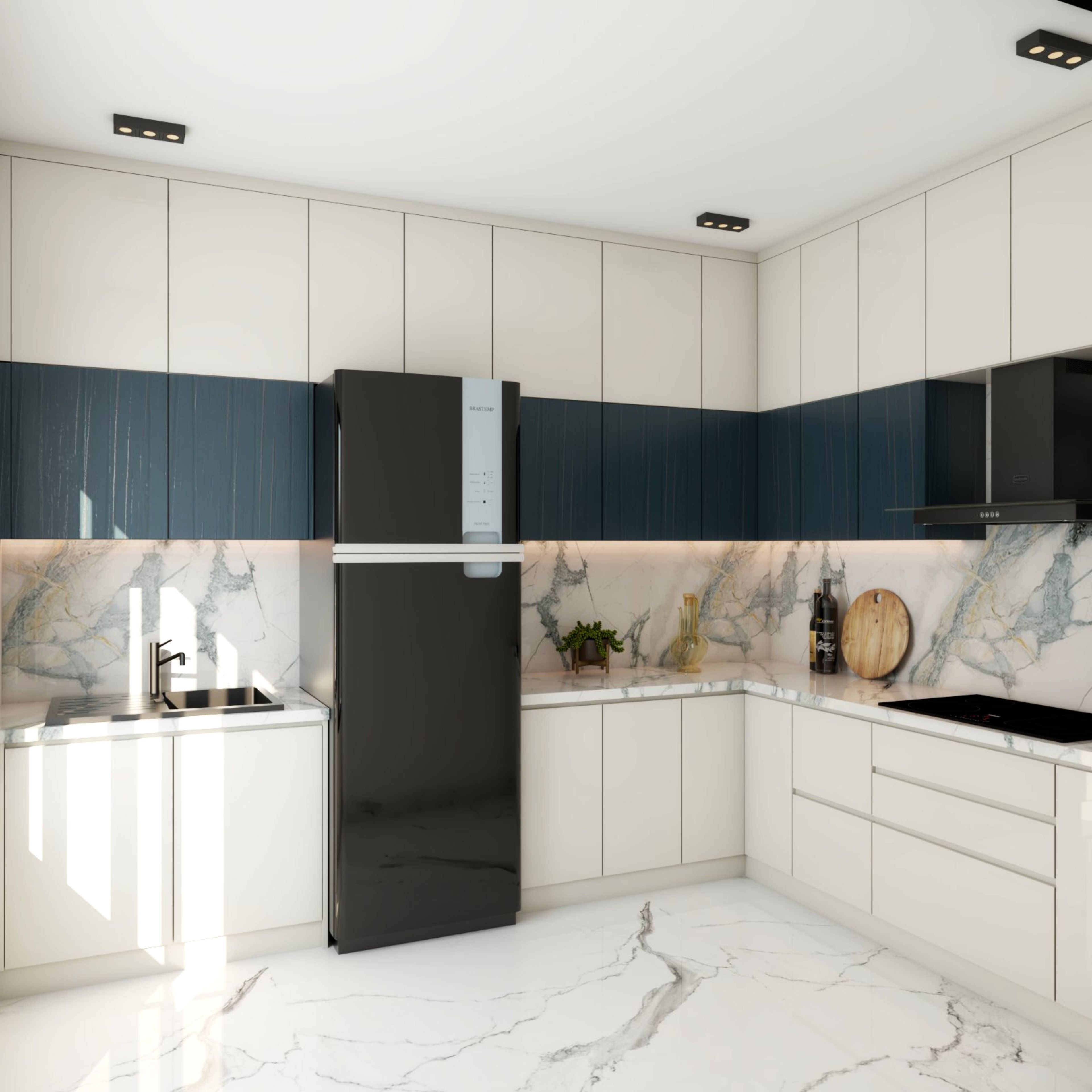 L-Shaped Modular Kitchen Design with White and Dark Blue Base and Wall Units, Marble Backsplash, and Quartz Countertop