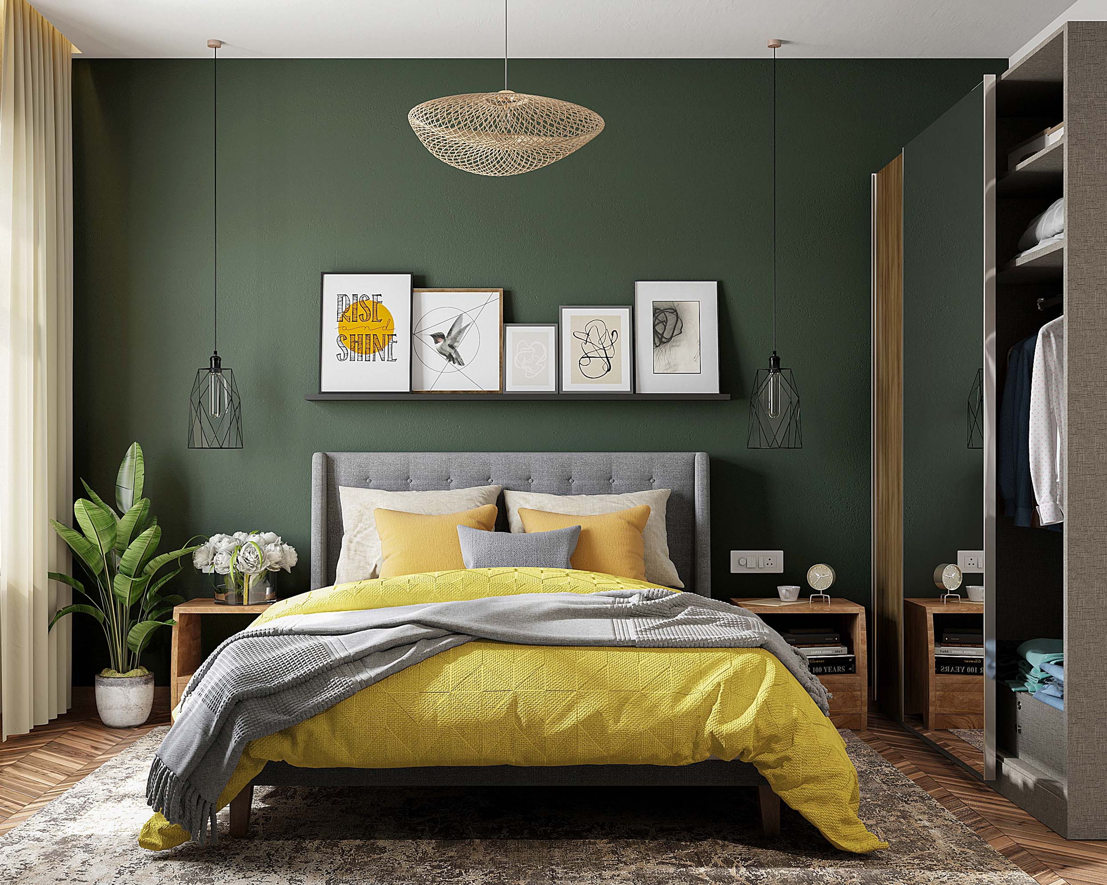 Master Bedroom Design with Teal Green Wall with Open Shelf, 2-Door Sliding Wardrobe with Integrated Mirror, and Geometric Wooden Flooring