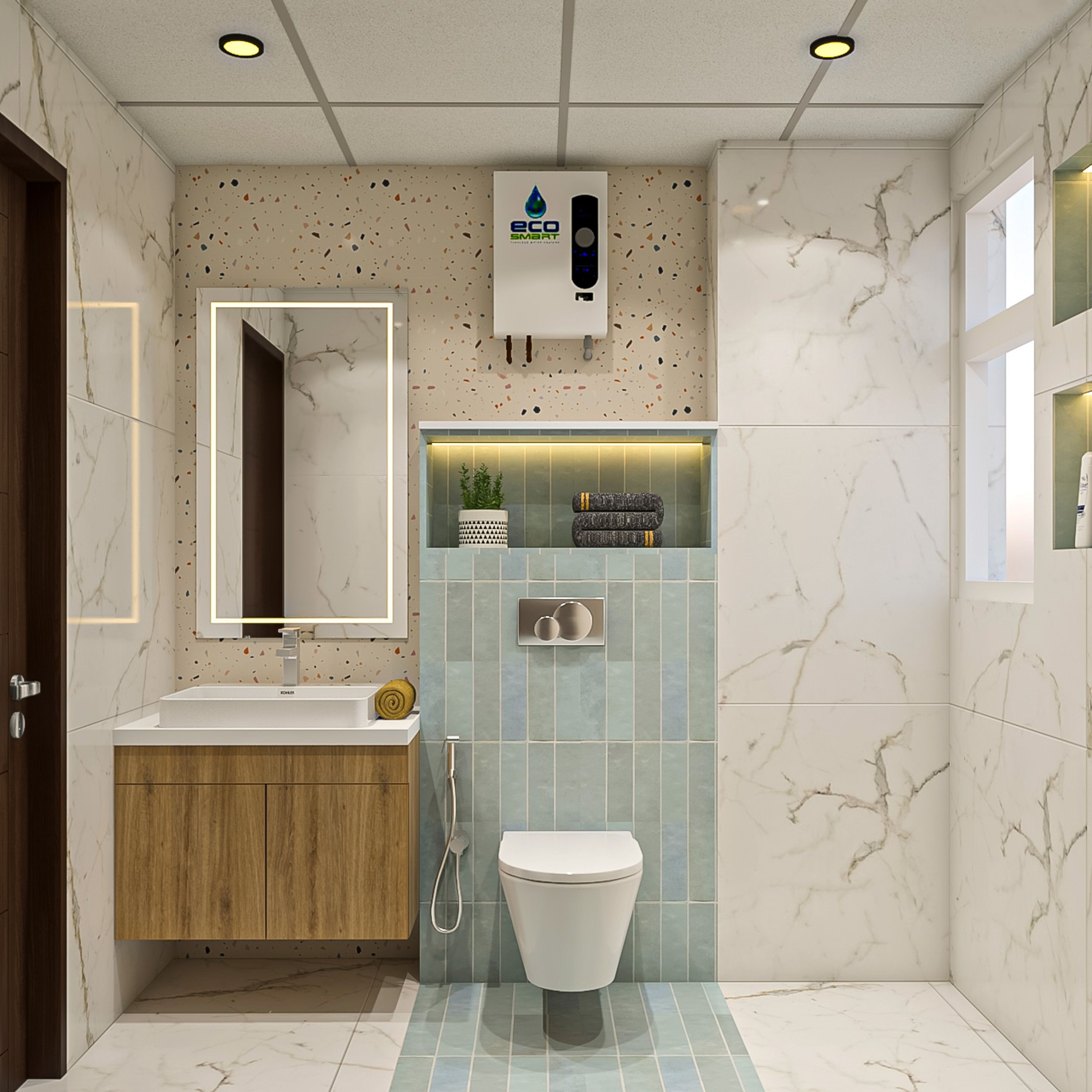 Bathroom Design with Rectangular Mirror and Wooden Cabinets