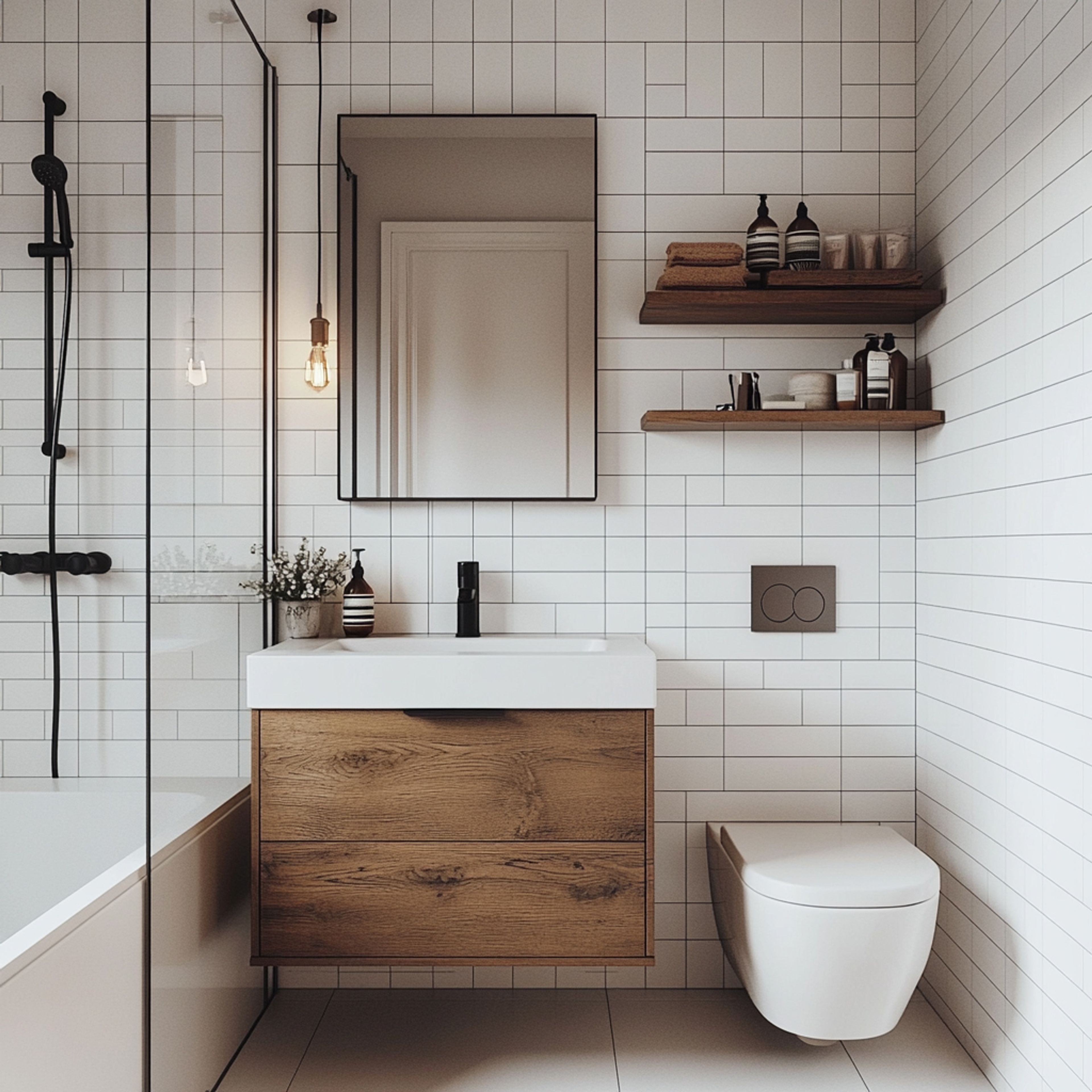 Bathroom Design with Rectangular Mirror, Wooden Cabinets, Wooden Open Shelves and Glass Partition Shower Area with BathTub