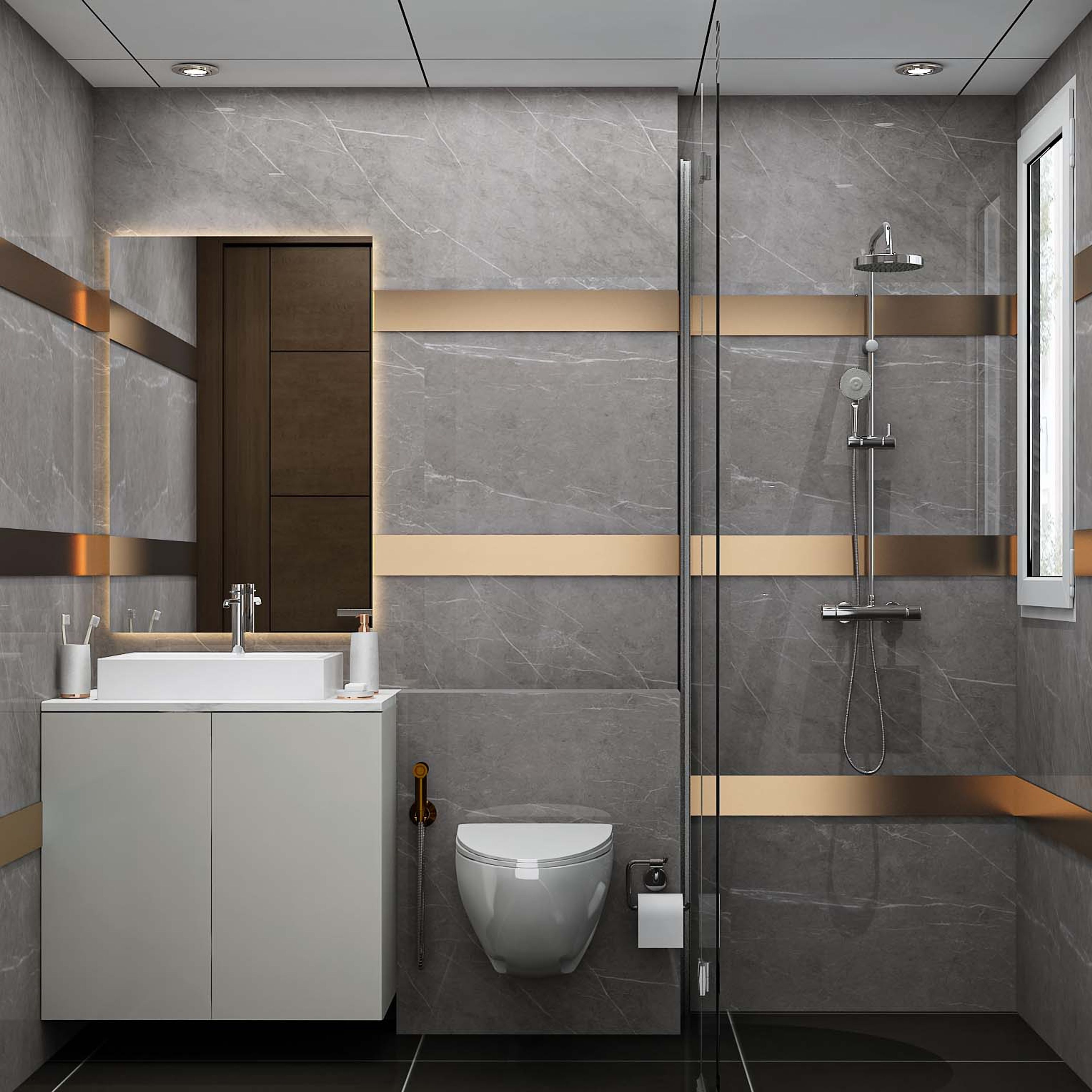 Bathroom Design with Rectangular Mirror, White Cabinets, and Glass Partition Shower Area with Grey Textured Tiles with Golden Trims