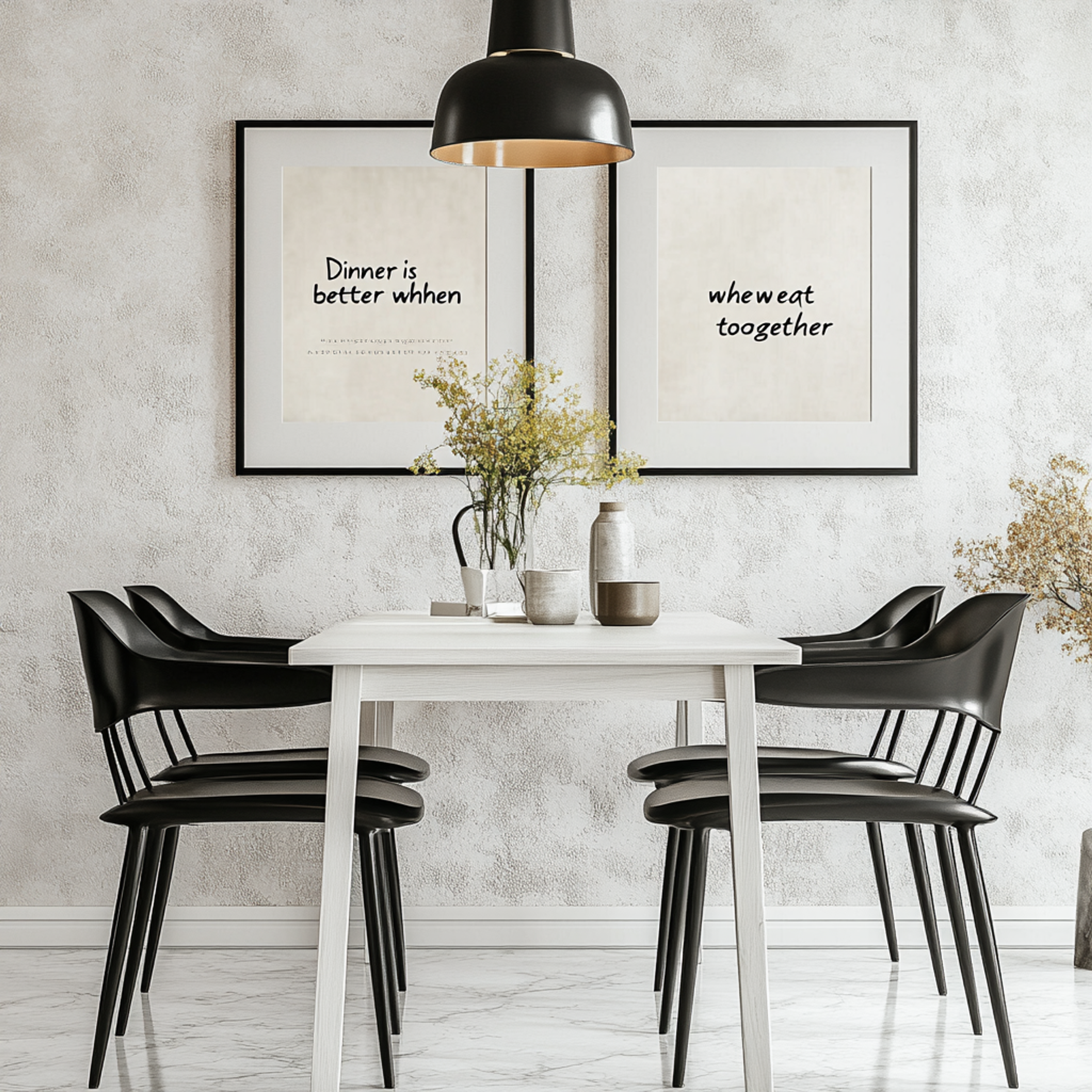 4-Seater Dining Room Design with White Table and Black Chairs and Textured White Wall with Artworks