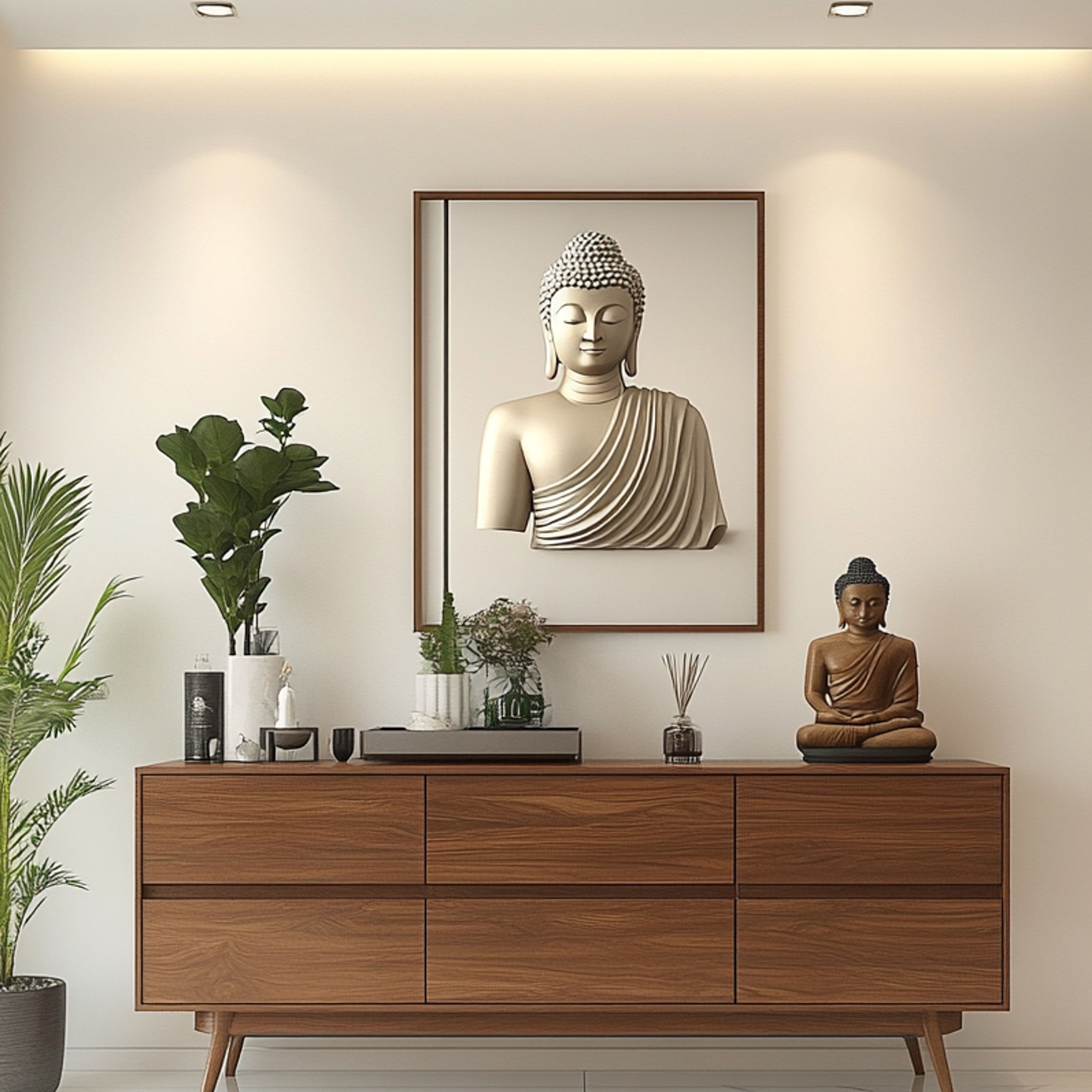 Foyer Design with Wooden Shoe Cabinet and Buddha Wall Art and Desk Decor