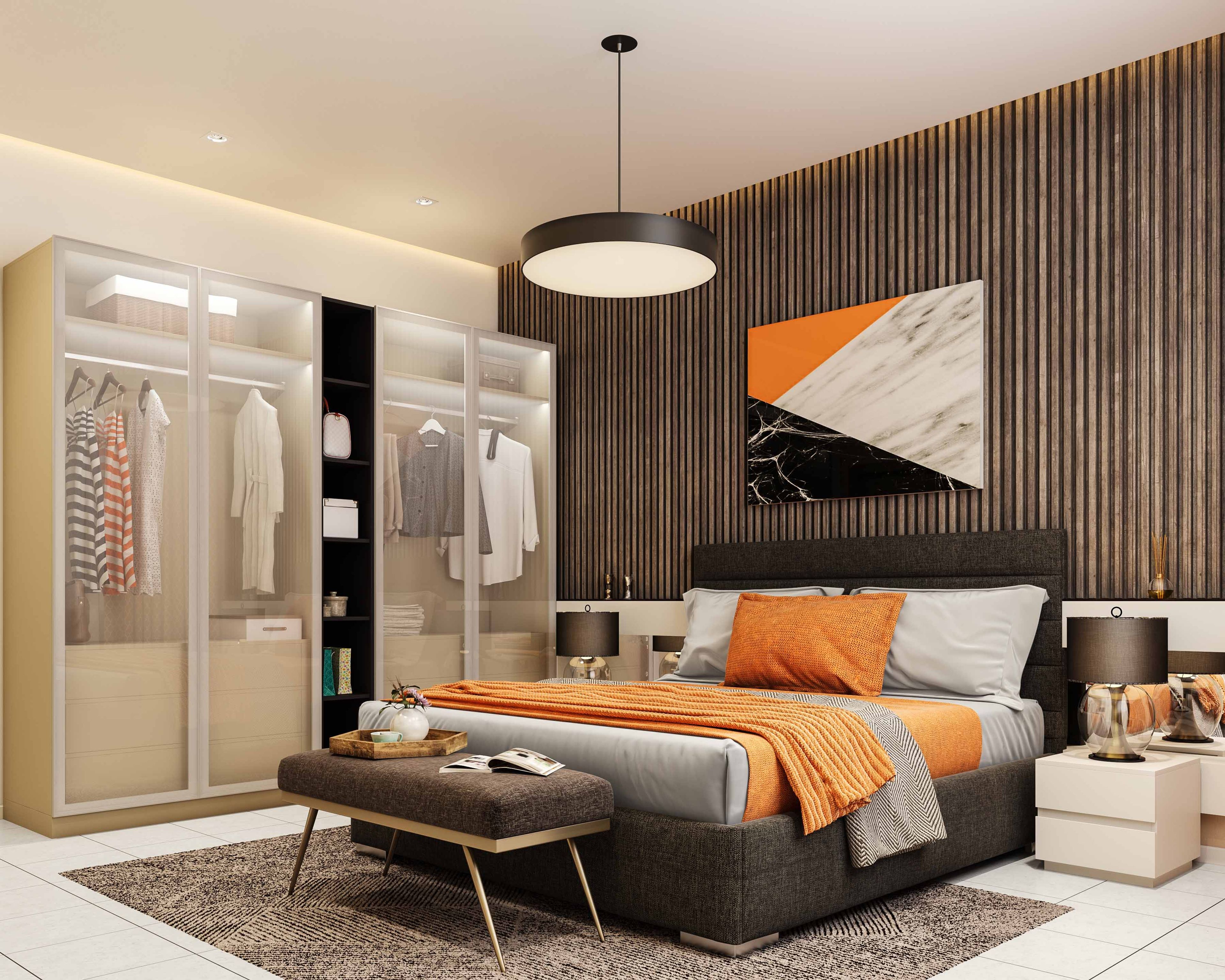 Guest Bedroom Design with Wooden Panelled Wall, 4-Door Swing Wardrobe with Attached Open Shelf, and Chandelier