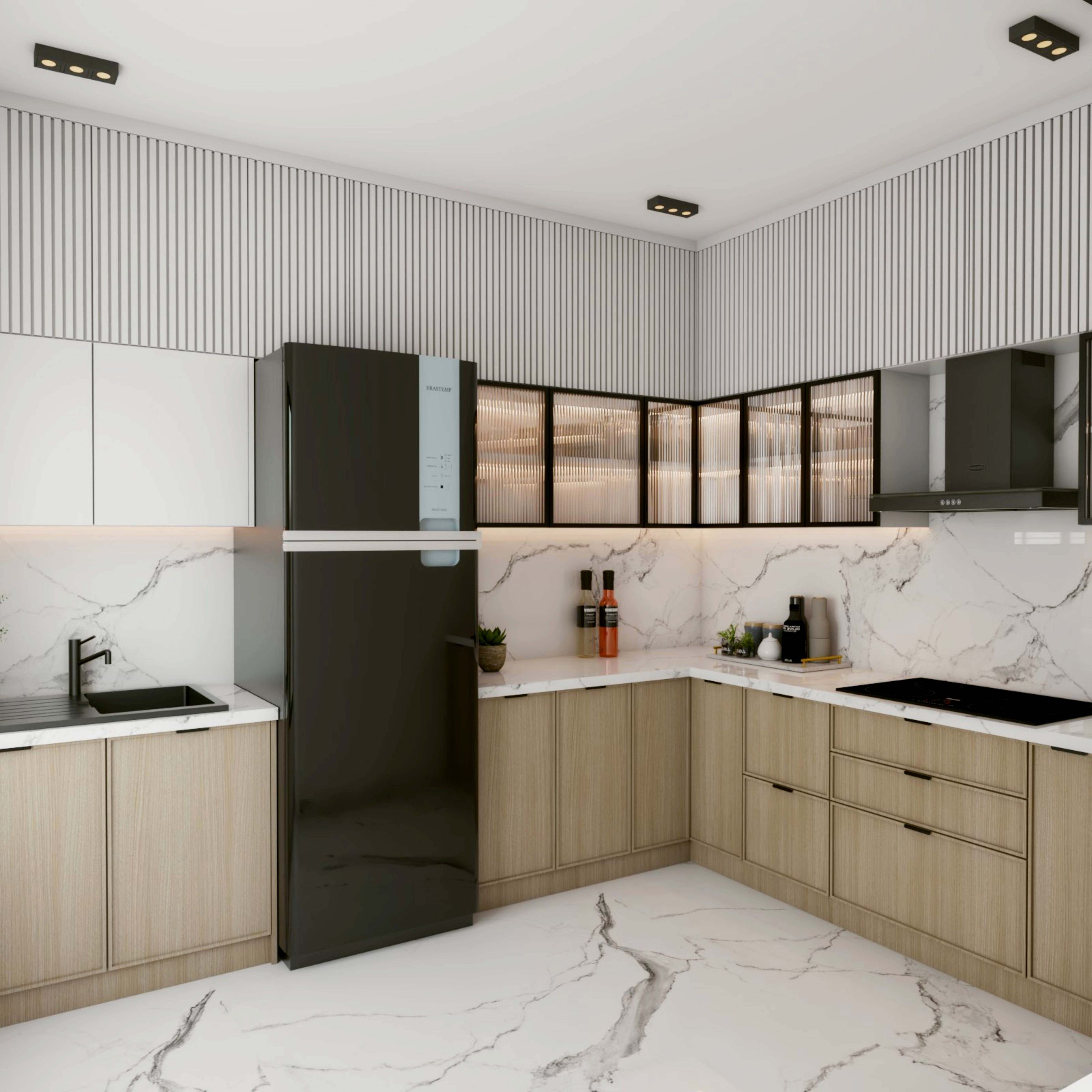 L-Shaped Modular Kitchen Design with Natural Wood Base Unit, White and Glass Shutter Wall Unit, and White and Black Striped Loft Unit