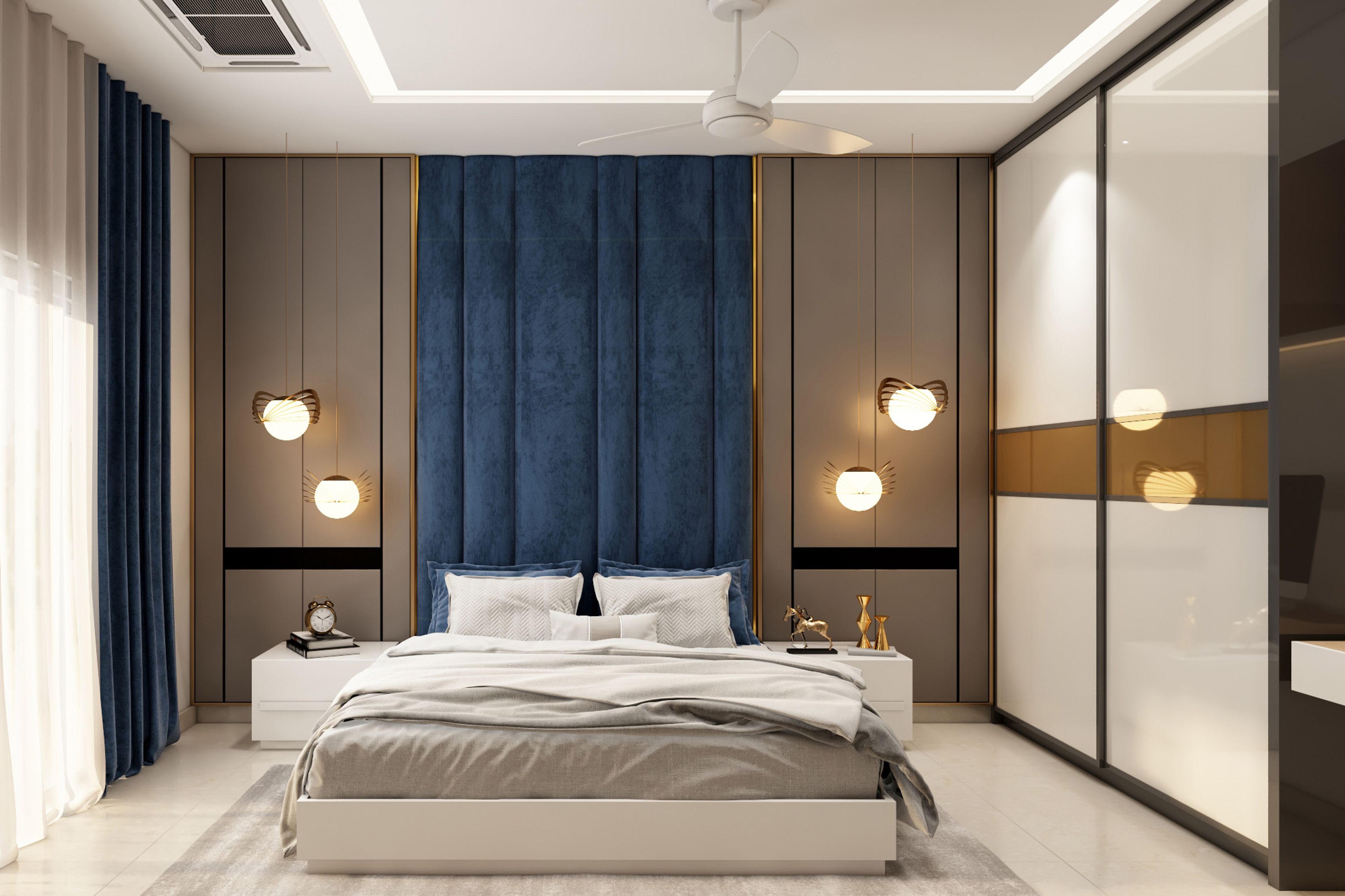 Master Bedroom Design with Blue Cushioned Headboard Wall, 2-Door Sliding Wardrobe, Hanging Lights, Cove Lights and Spotlights