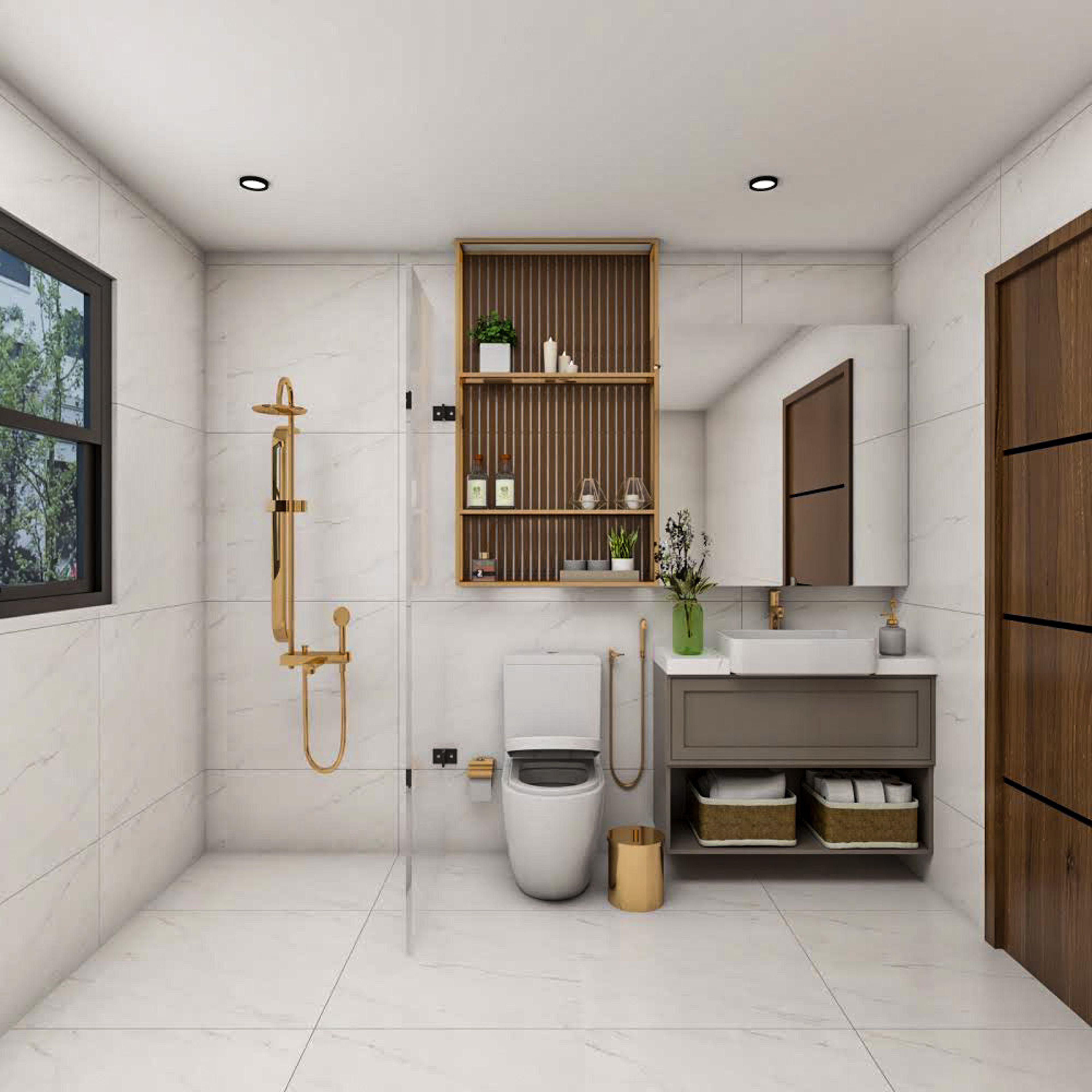 White Bathroom Design with Square Mirror, Wall Shelf, Drawer, Golden Fixtures and Glass Partition Shower Area