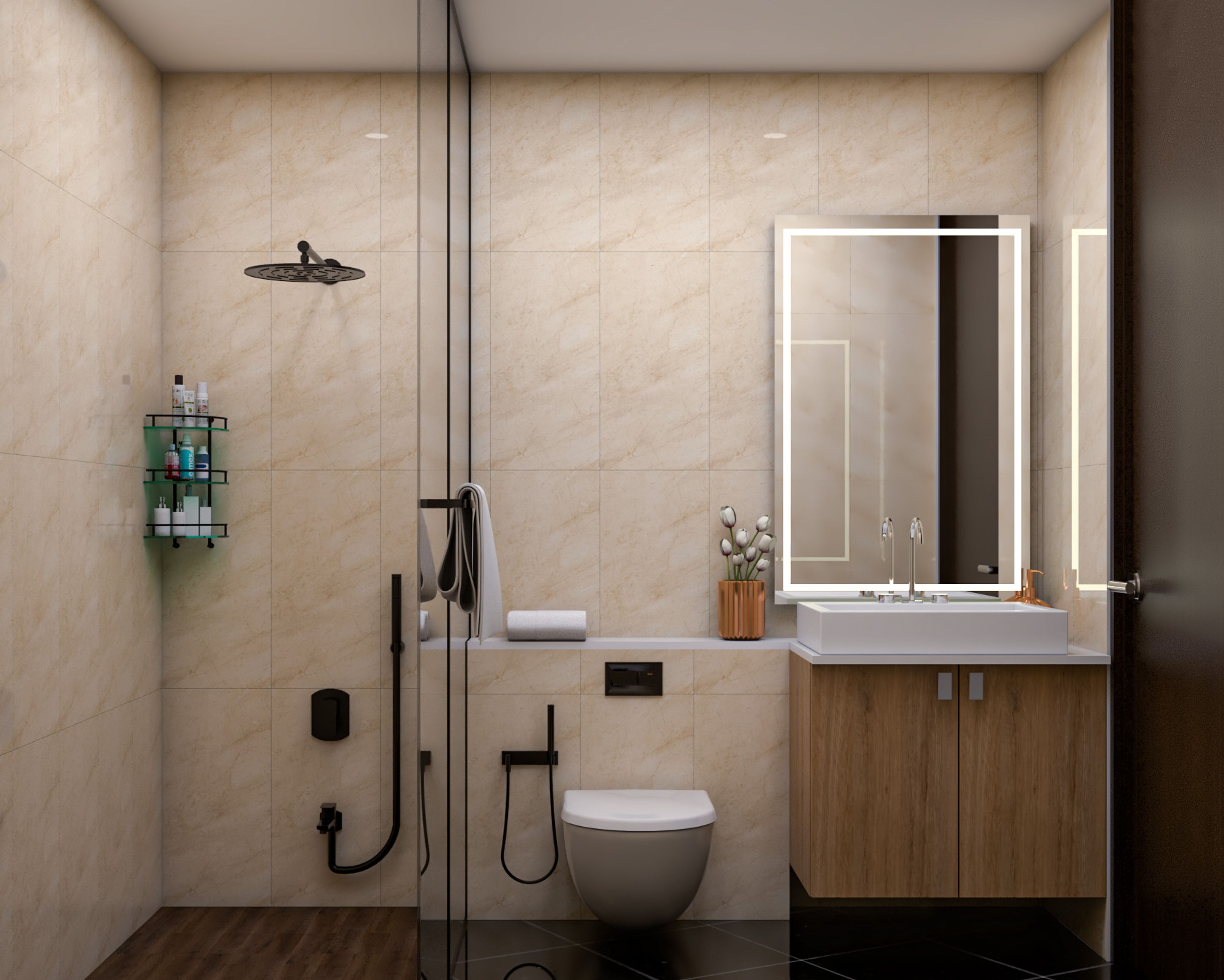 Beige Bathroom Design with Rectangular Mirror, Wooden Drawer, and Glass Partition Shower Area