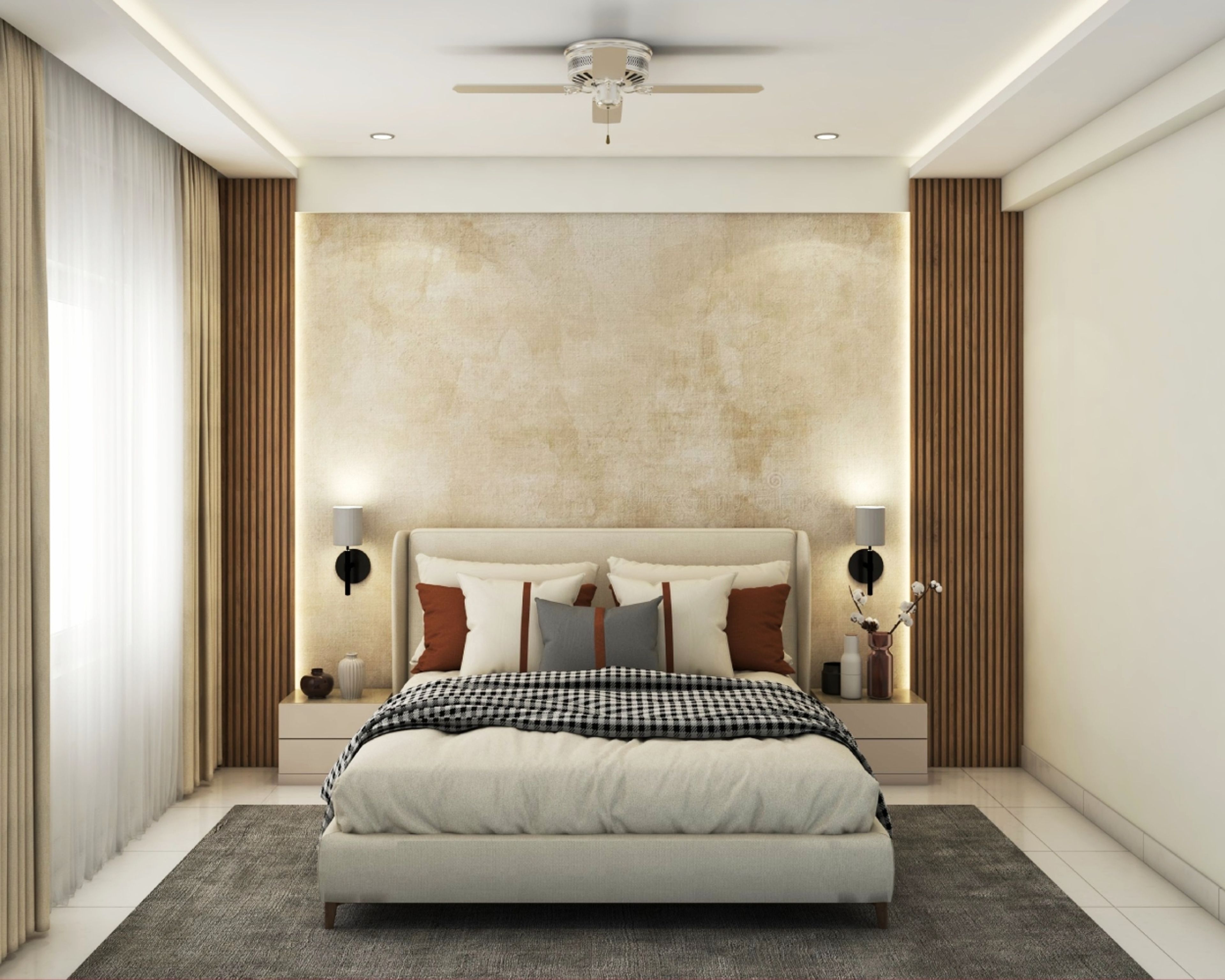 Master Bedroom Design with Beige Textured Wall with Side Wooden Panelling, Side Tables, Cove Light and Spotlights