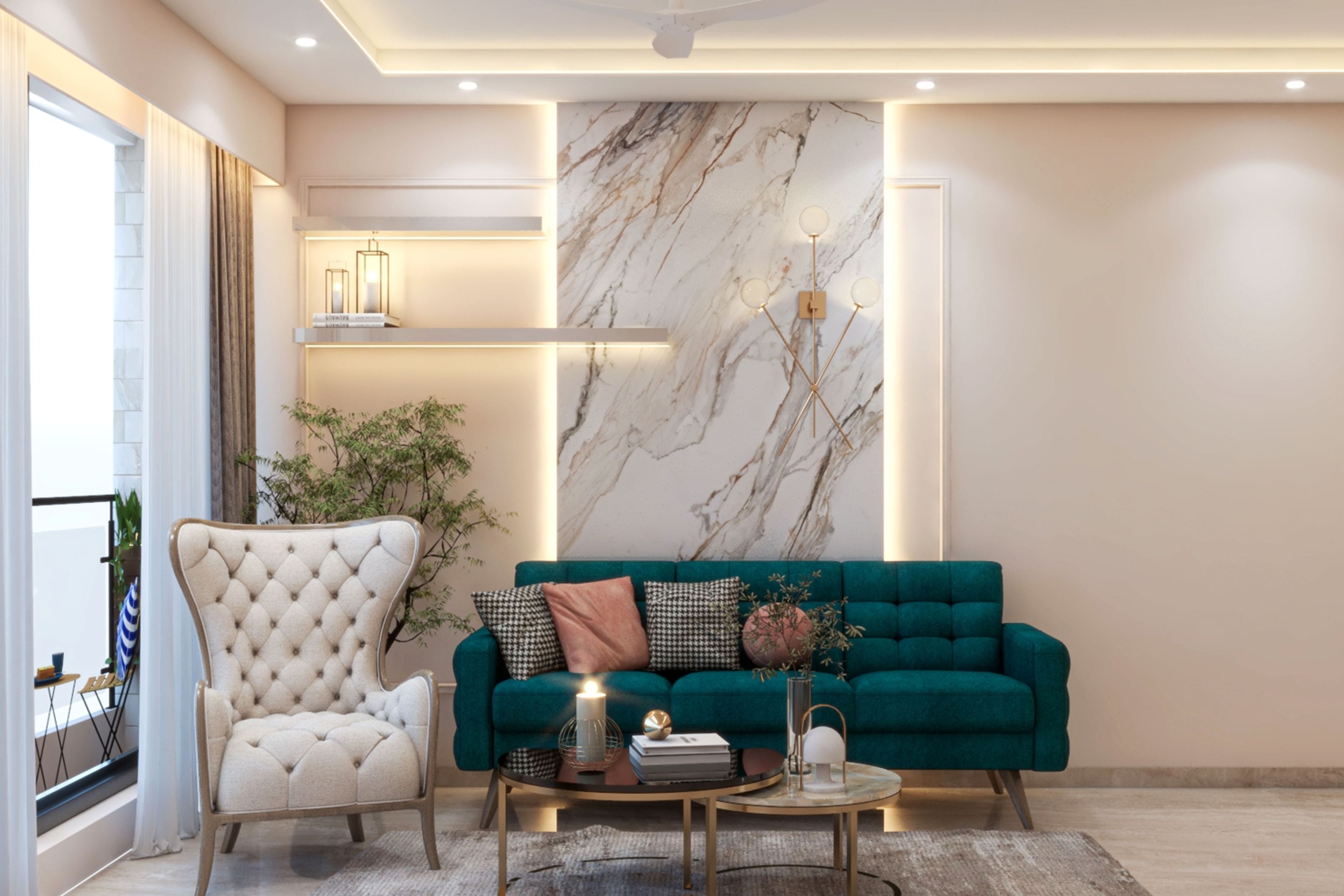 Living Room Design with Teal Green Sofa, Beige Chesterfield Accent Chair, Marble Backsplash Wall and Open Wall Shelf