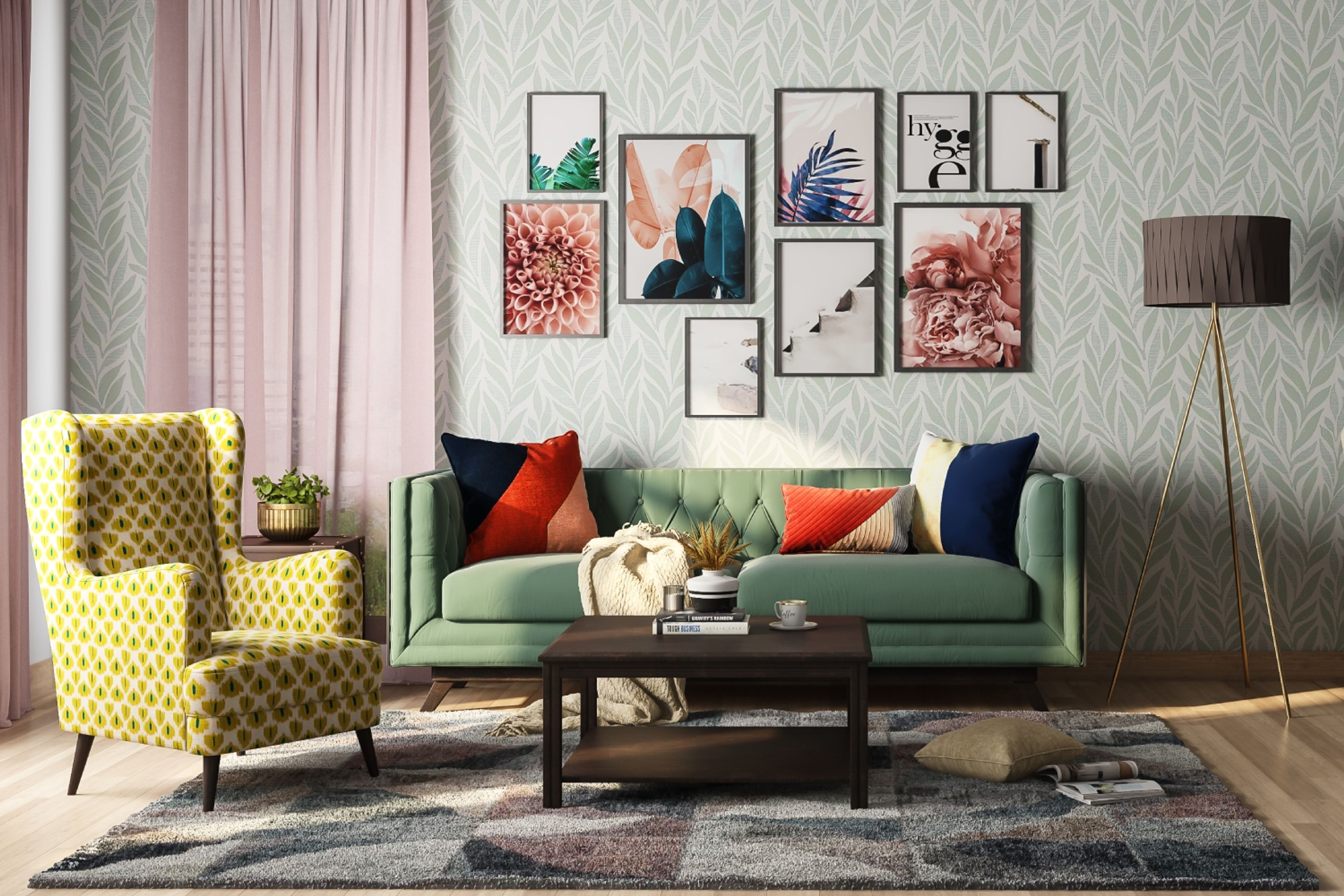Living Room Design with Green Sofa, Yellow and White Accent Chair, Grey Leaves Pattern Wallpaper and Floor Lamp