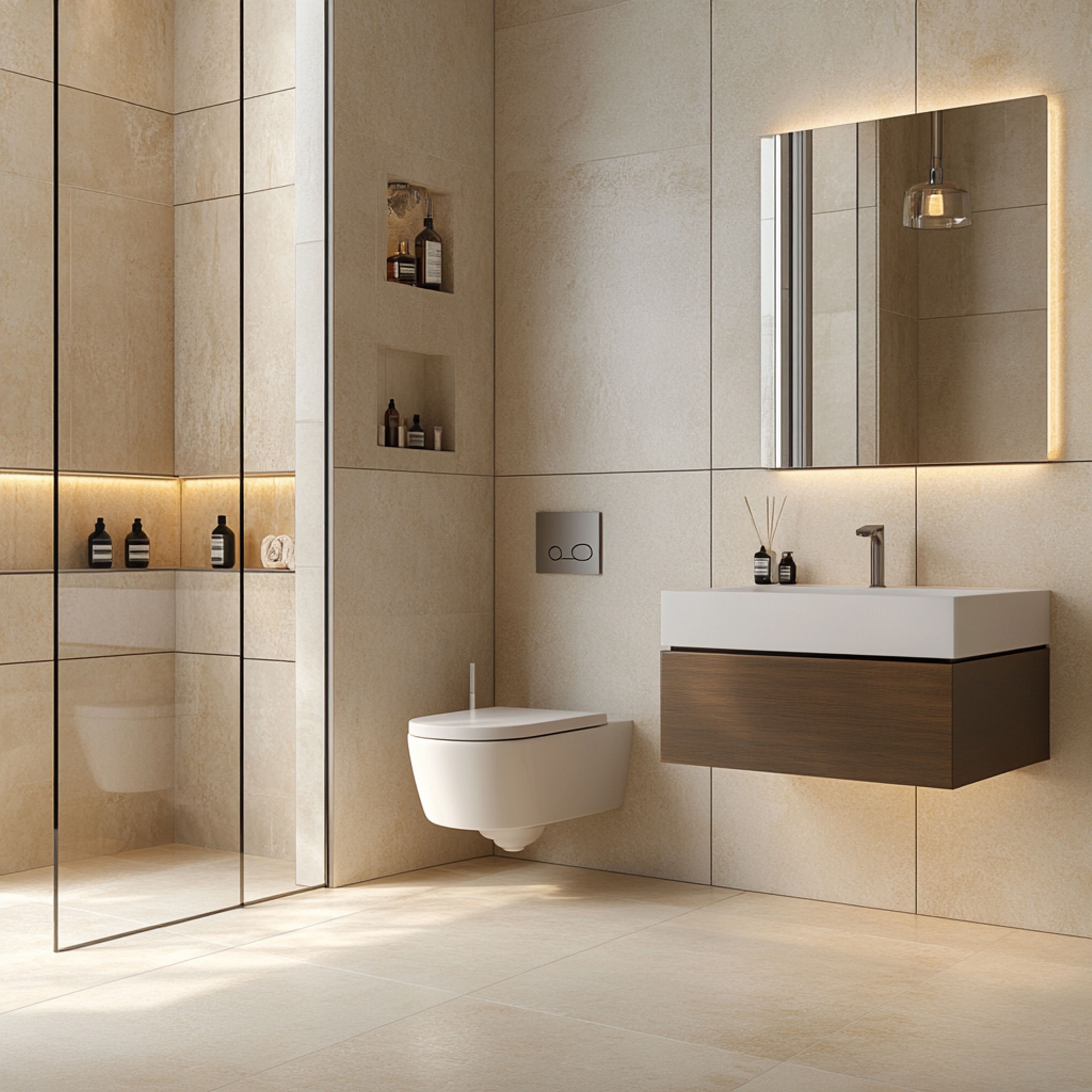 Beige Bathroom Design with Square Mirror, Wooden Drawer, and Glass Partition Shower Area