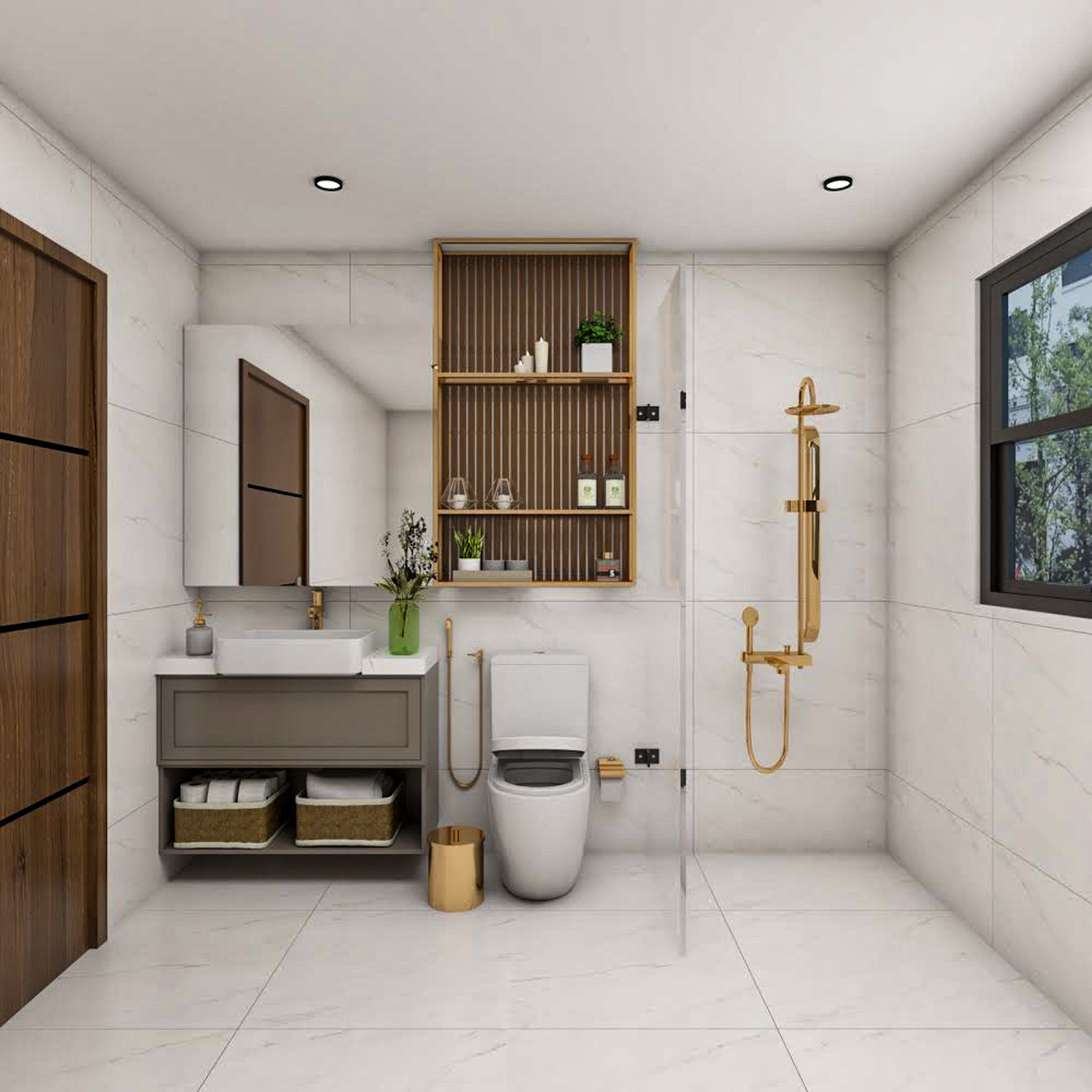 Bathroom Design with Square Mirror, Grey Drawer with Open Storage, Wooden Open Wall Shelf, Golden Fixtures and Glass Partition Shower Area
