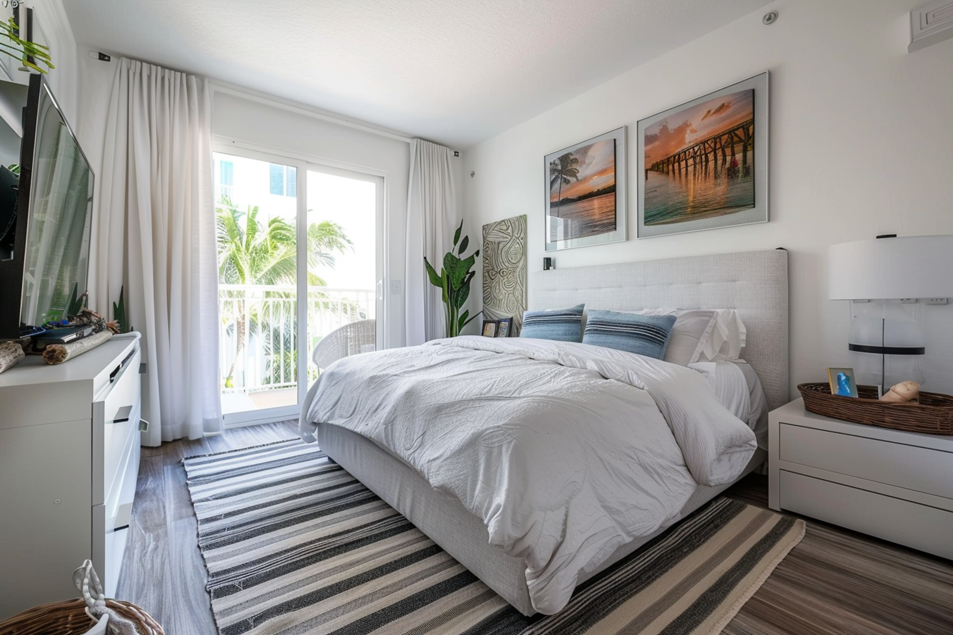 Master Bedroom Design with White Walls, TV Unit with White Drawers, and Side Table with Table Lamp