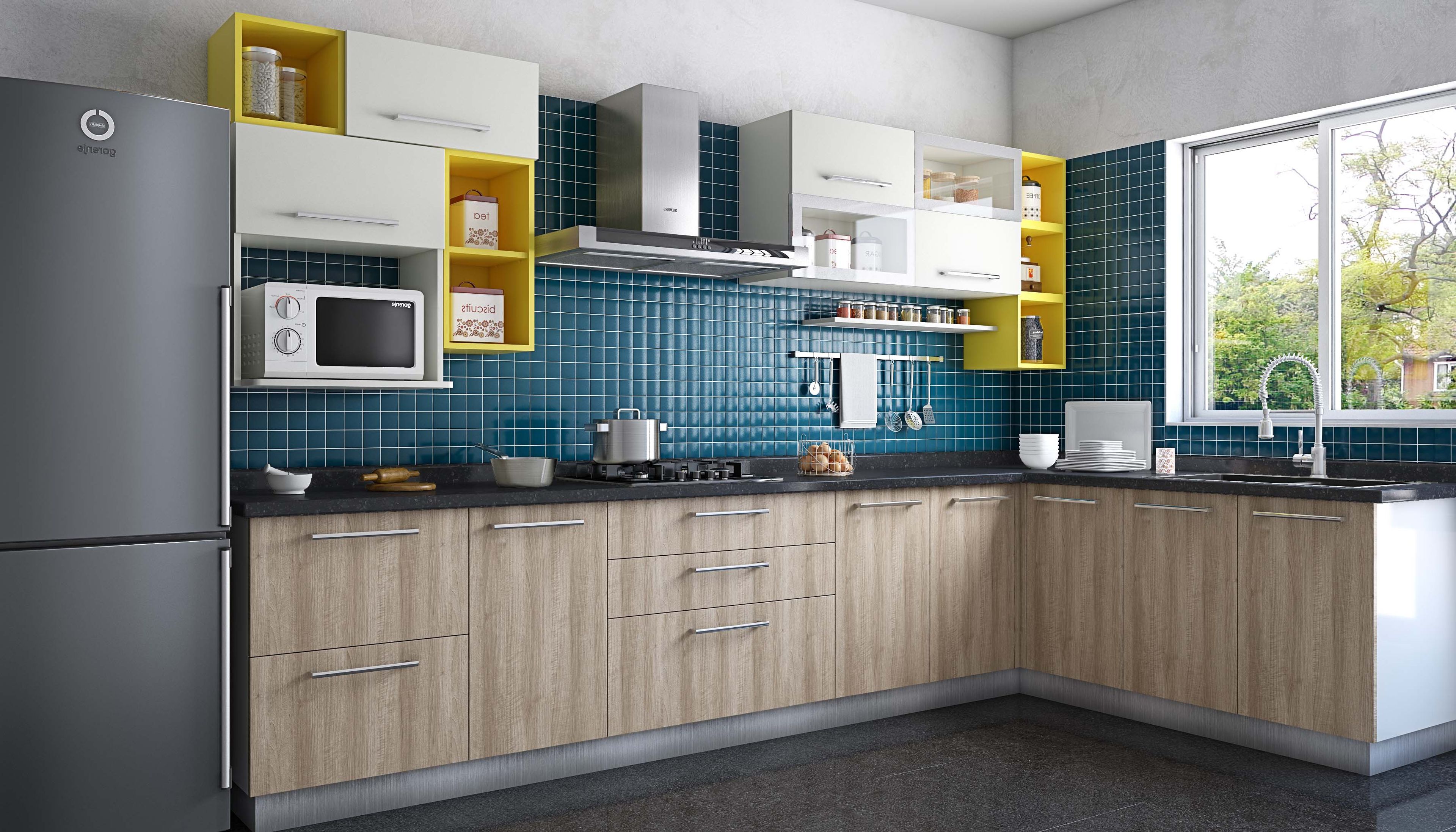 L-Shaped Modular Kitchen Design with Teal Tiles Backsplash, Natural Wood Base Unit, White and Yellow Wall Units and Granite Countertop
