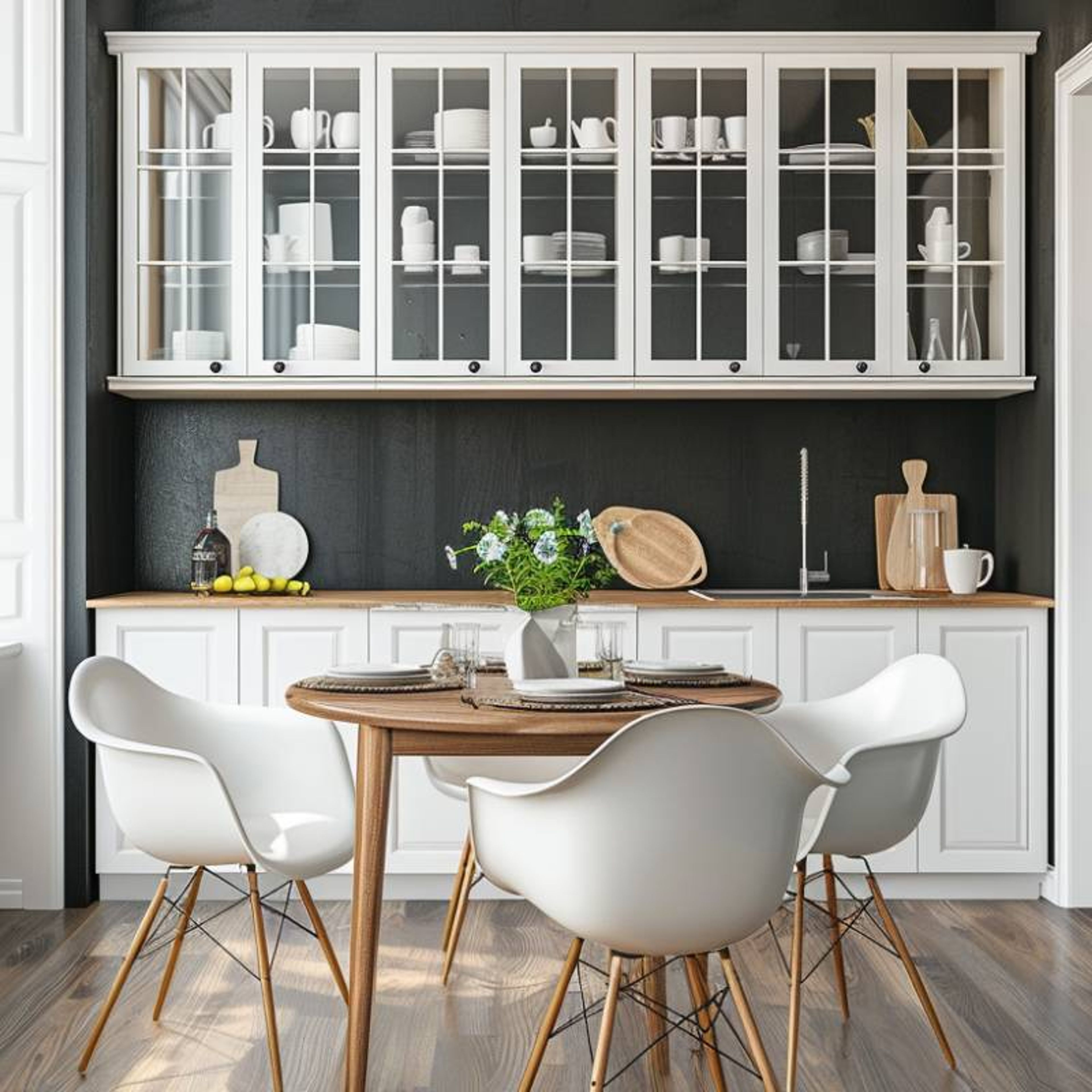 4-Seater Dining Room Design with Wooden Table, White Chairs, Wall Mounted Crockery Unit and White Cabinets