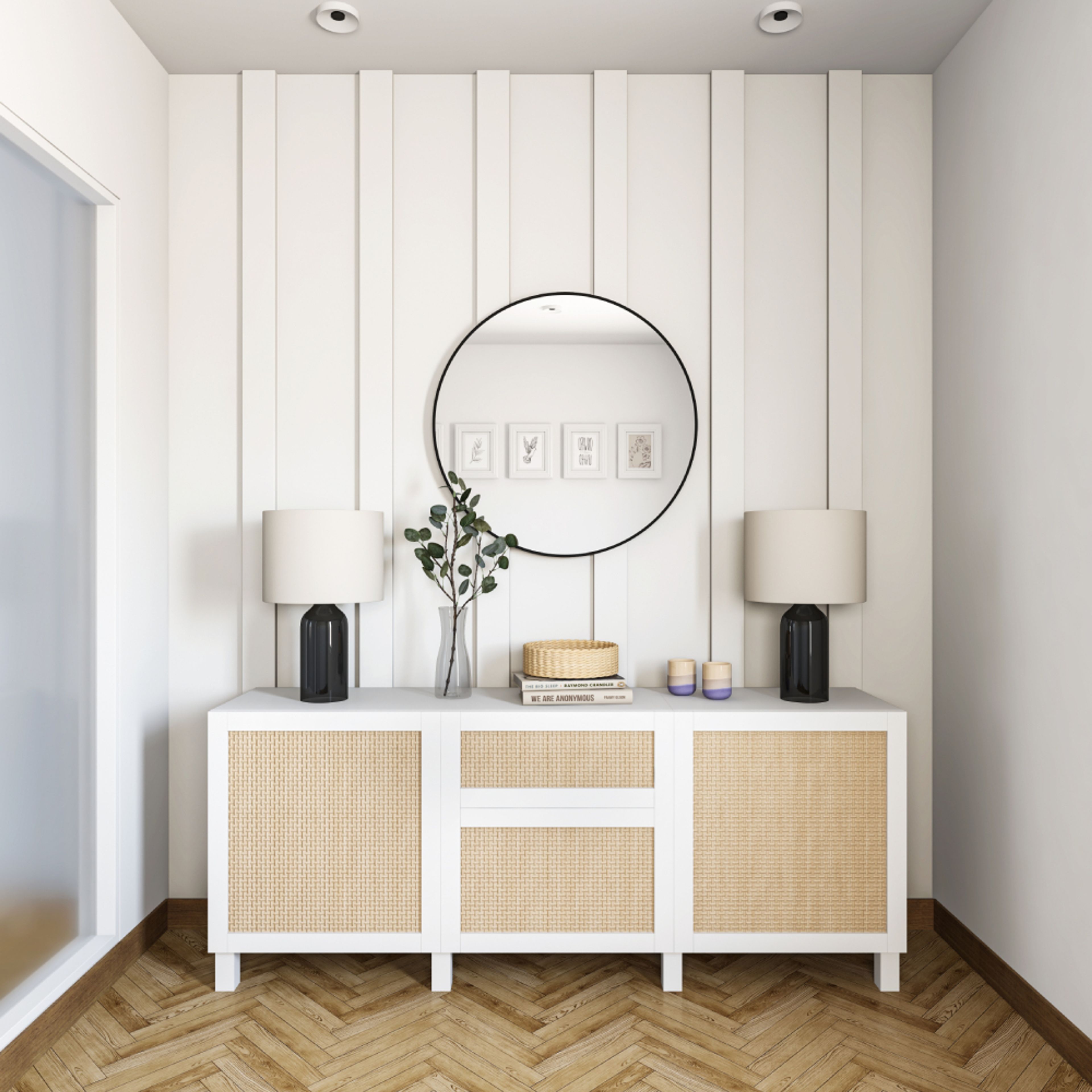 Foyer Design with White Panelled Wall, Round Mirror and White Shoe Cabinet with Wooden Geometric Flooring