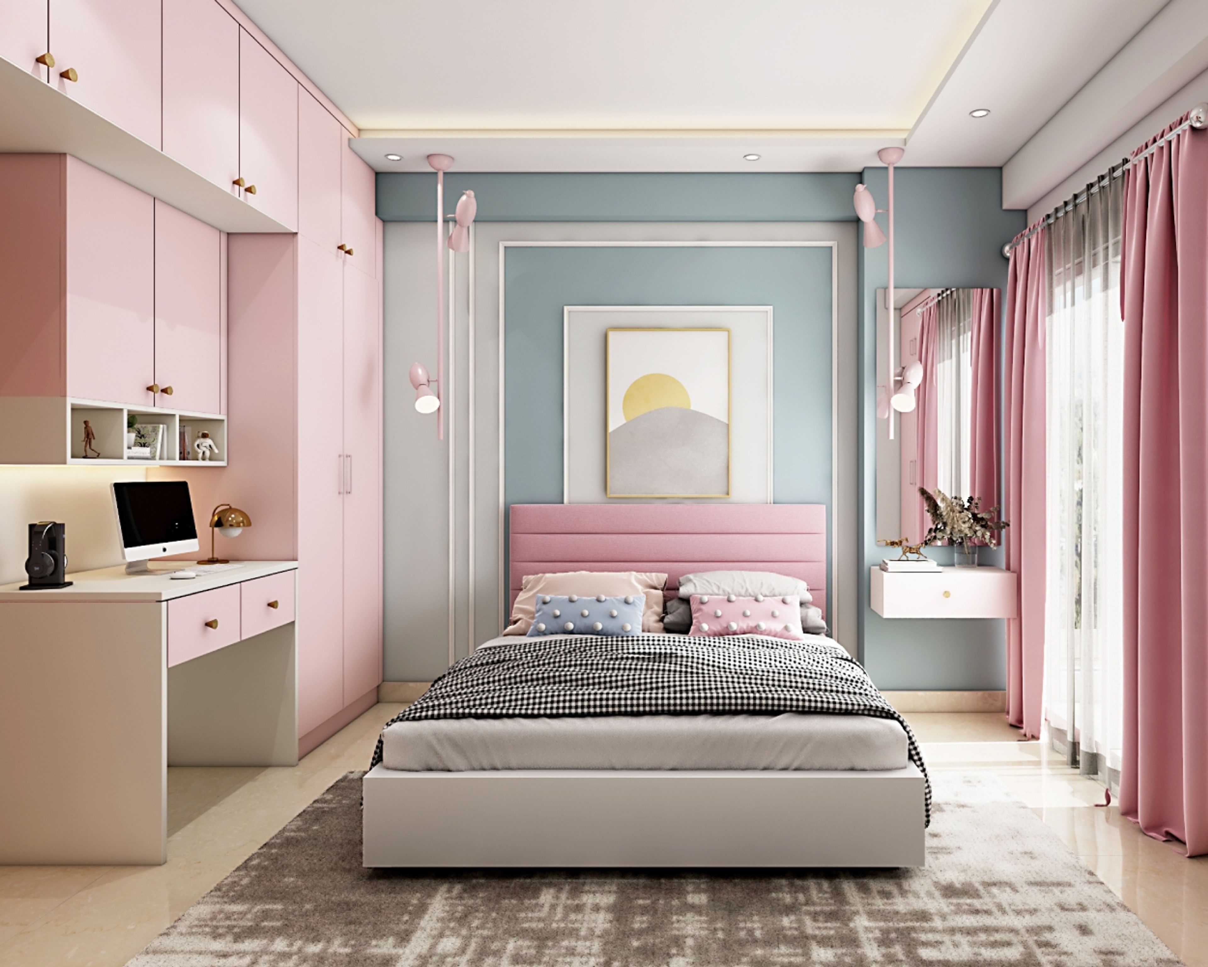 Kids Bedroom Design with Light Blue Walls with White Trims, 2-Door Swing Wardrobe with Loft Unit, Pink and White Study Space, and Dressing Mirror with Drawer