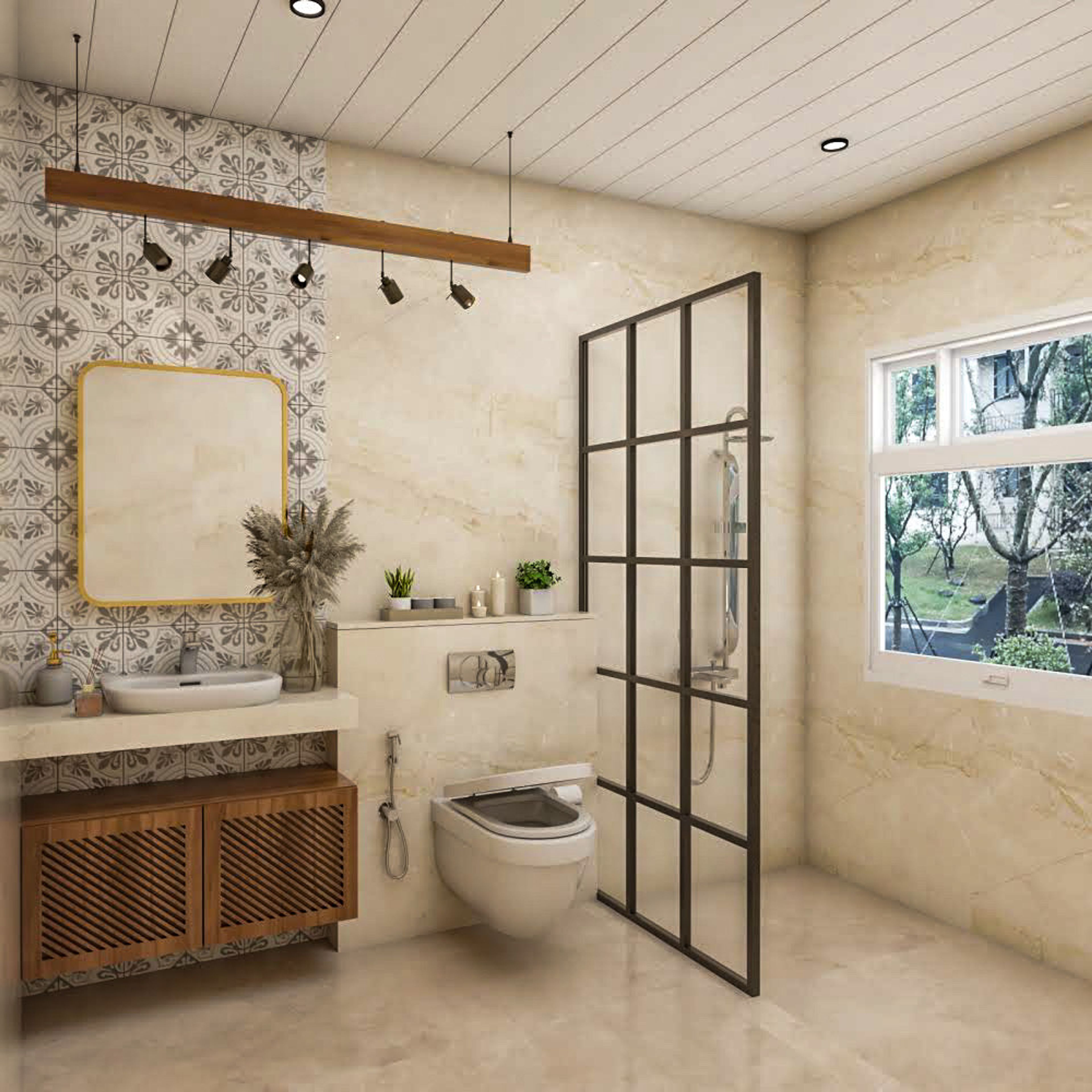 Bathroom Design with Rectangular Mirror, Dark Wood Drawer and Glass and Wooden Partition Shower Area