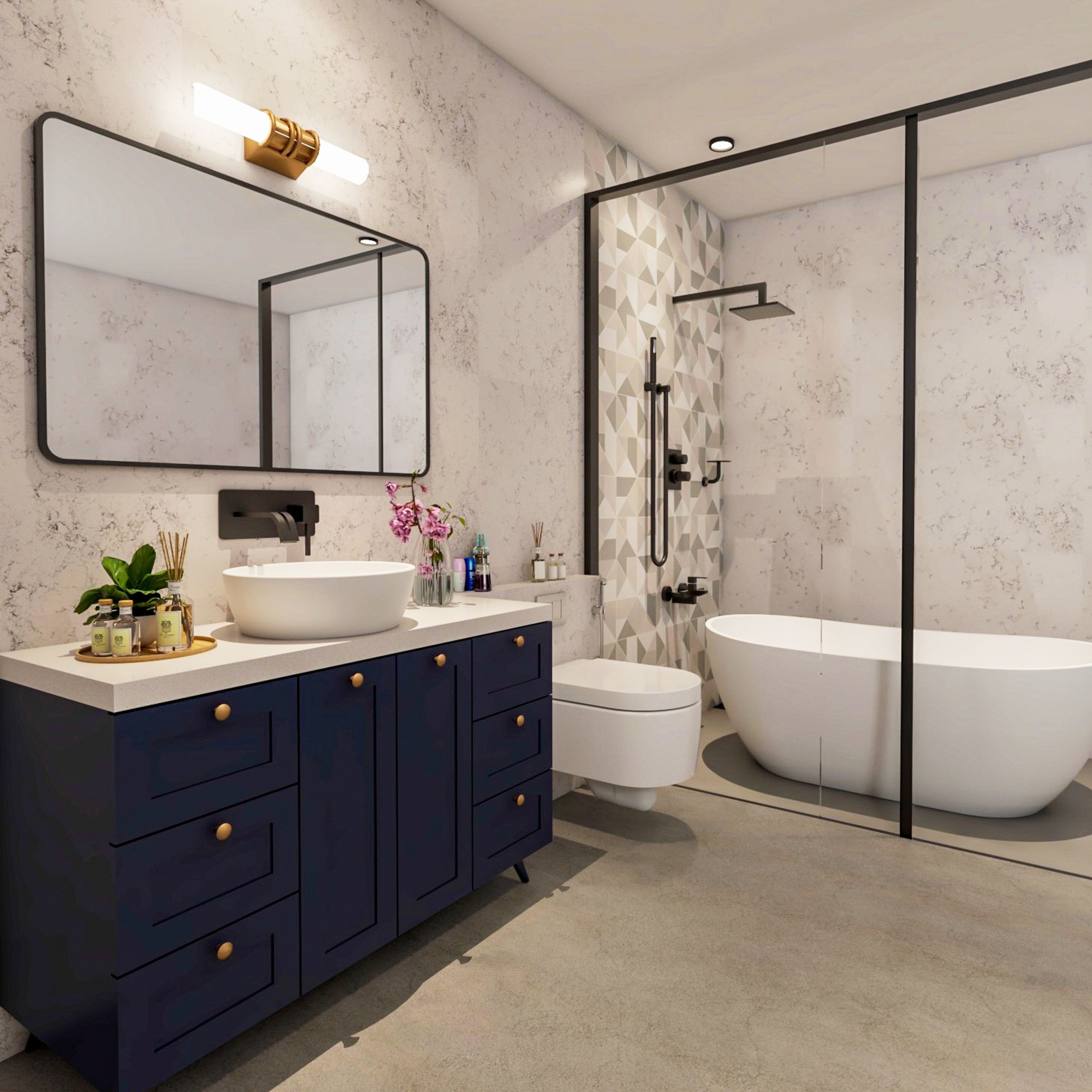 Bathroom Design with Rectangular Mirror, Dark Blue Cabinet and Glass Partition Shower Area
