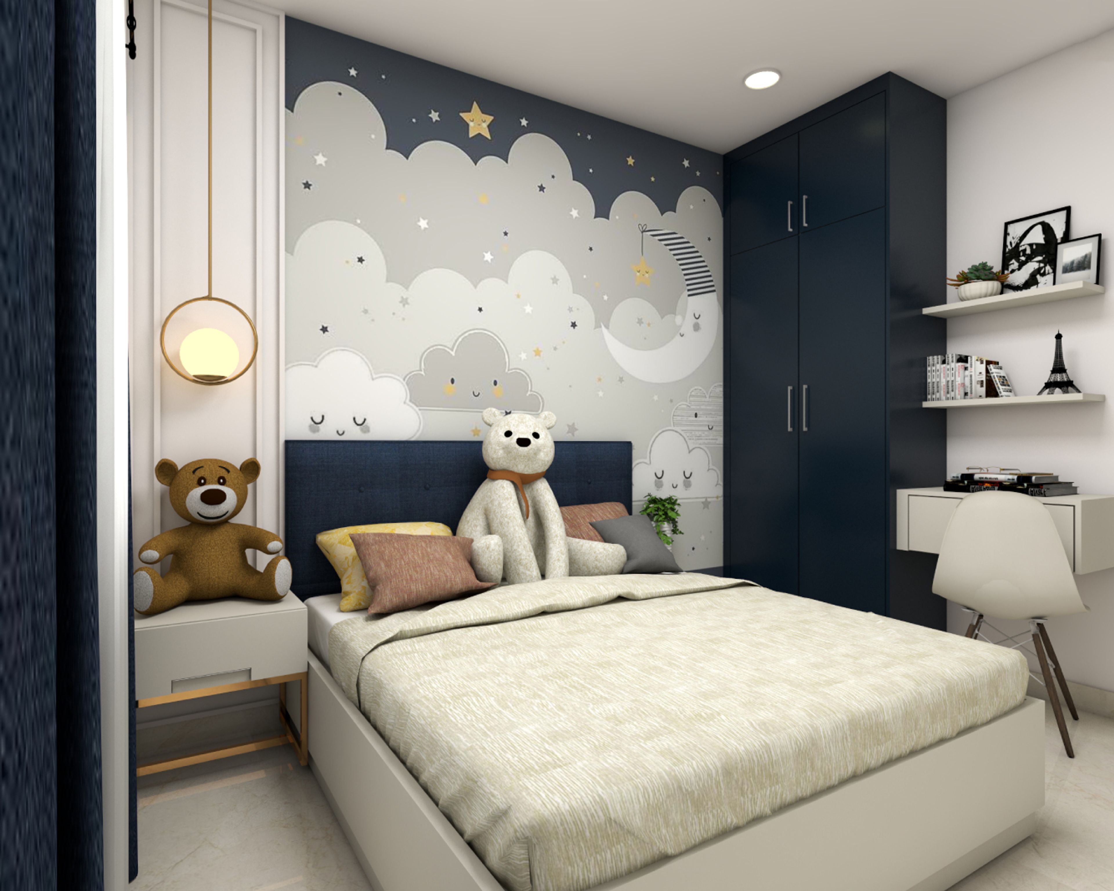 Kids Bedroom Design with Night Sky Themed Wallpaper, Dark Blue 2-Door Swing Wardrobe and White Study Space