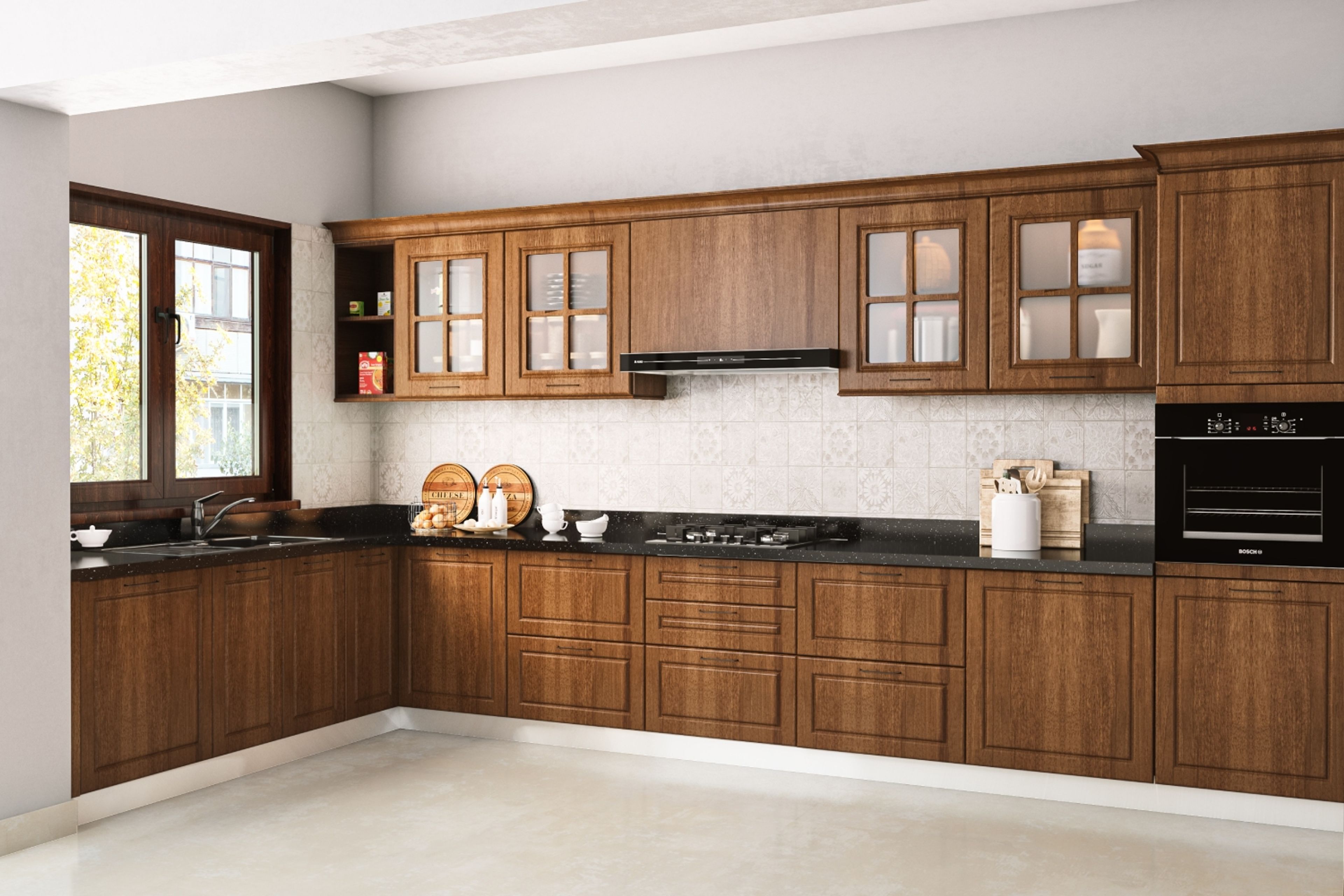 L-Shaped Modular Kitchen Design with Dark Wood Base and Wall Units and Granite Countertop