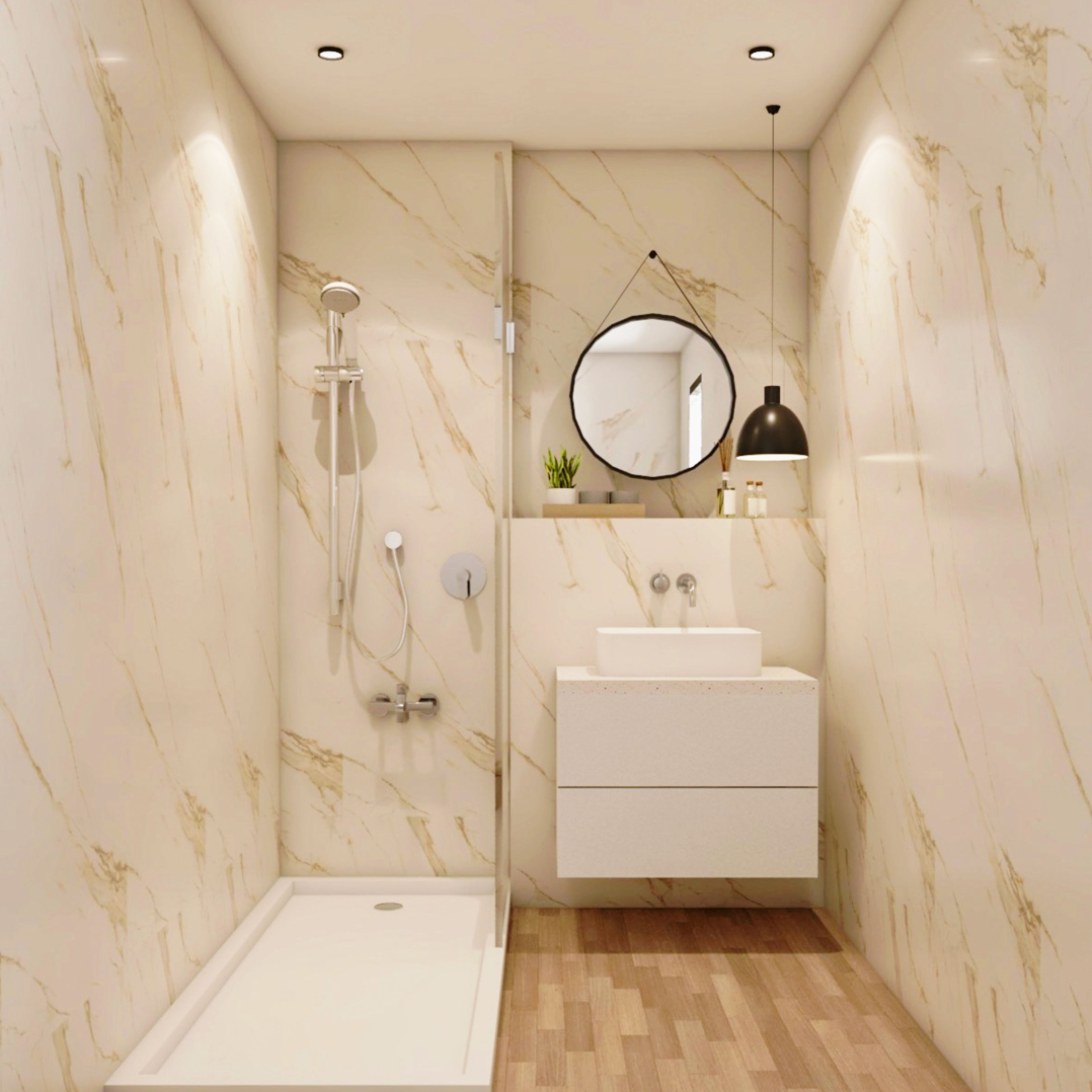 Bathroom Design with Round Hanging Mirror, Beige Marble Patterned Tiles, White Drawer, and Glass Partition Shower Area