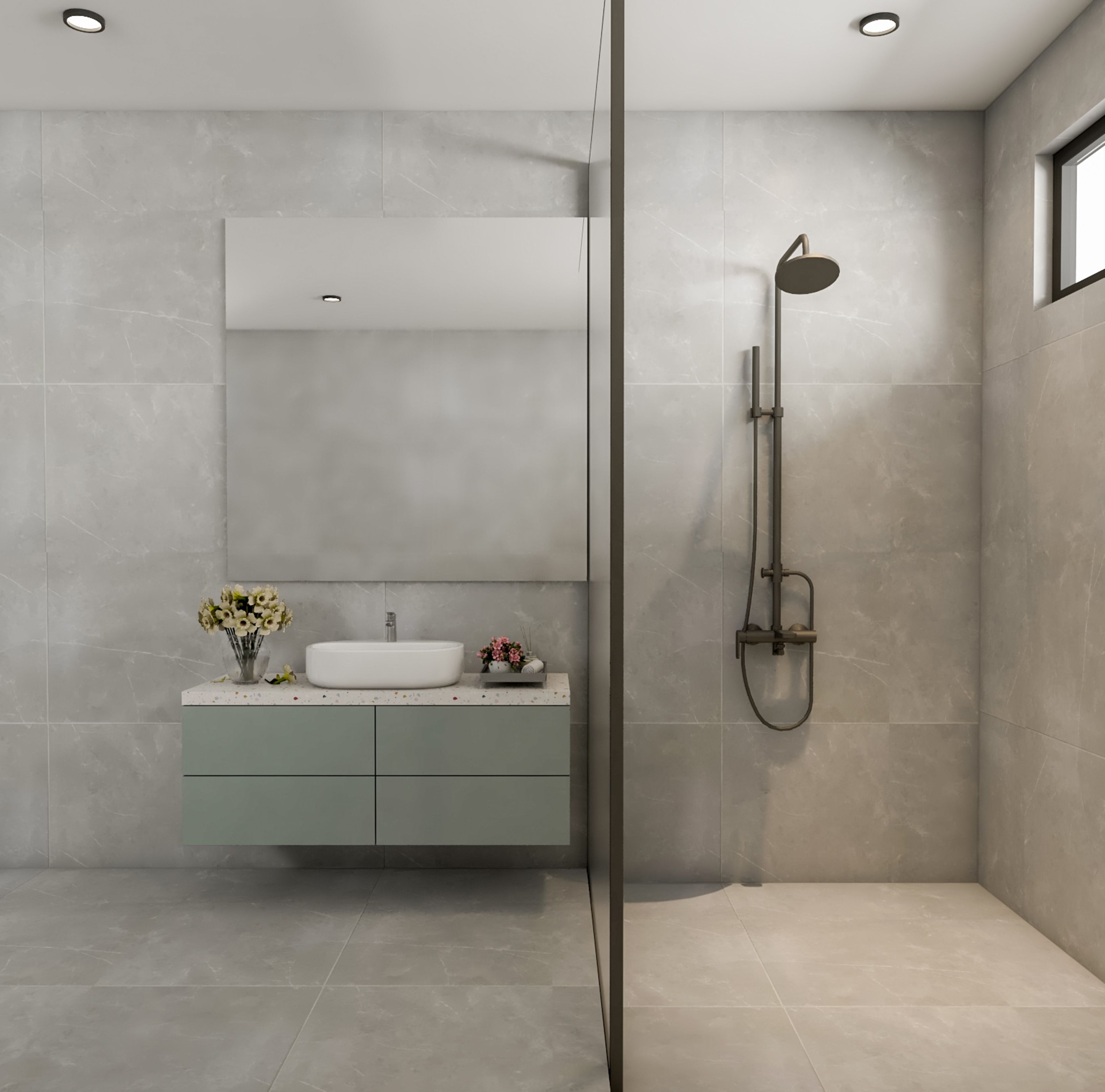 Grey Bathroom Design with Square Mirror, Grey Drawer, and Glass Partition Shower Area