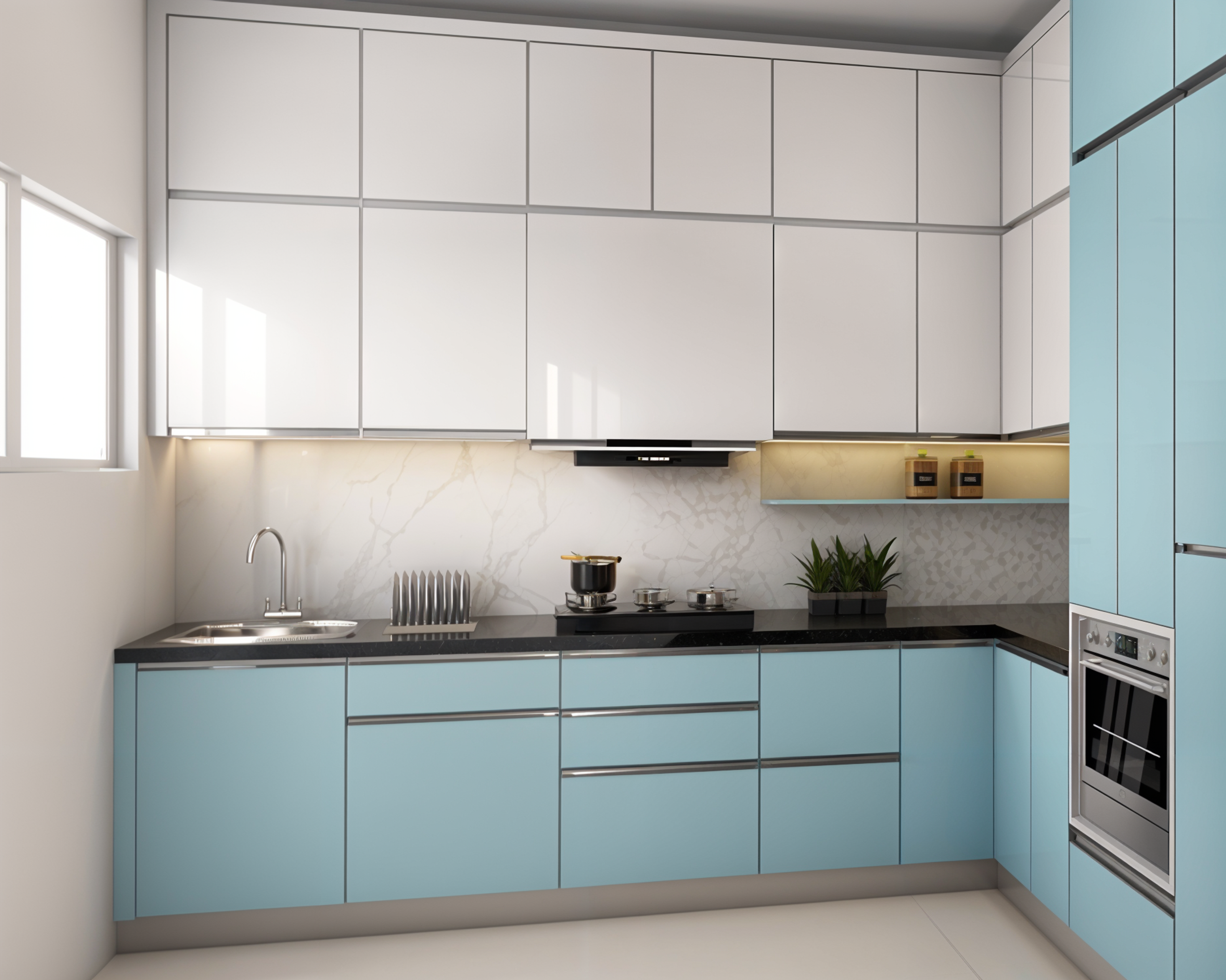 L-Shaped Modular Kitchen Design with Light Blue Base and Tall Units, White Wall Units, Under Cabinet Lighting and Granite Countertop