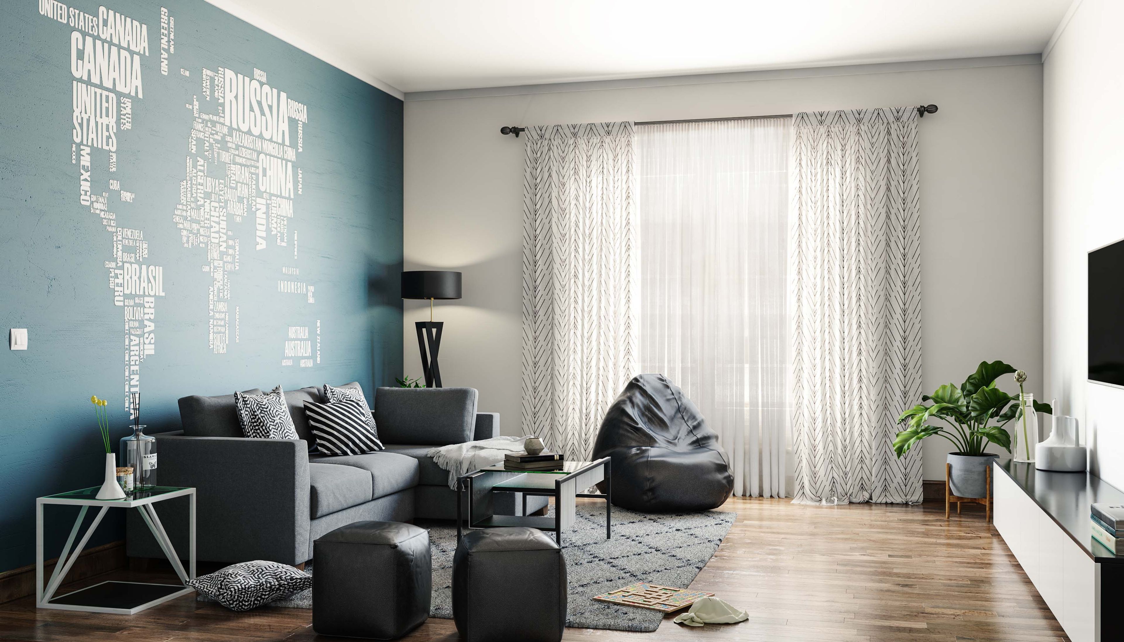Living Room Design with Grey L-Shaped Sofa, Black Bean Bag, Black Leather Ottoman, TV Unit and World Map Themed Blue Wallpaper