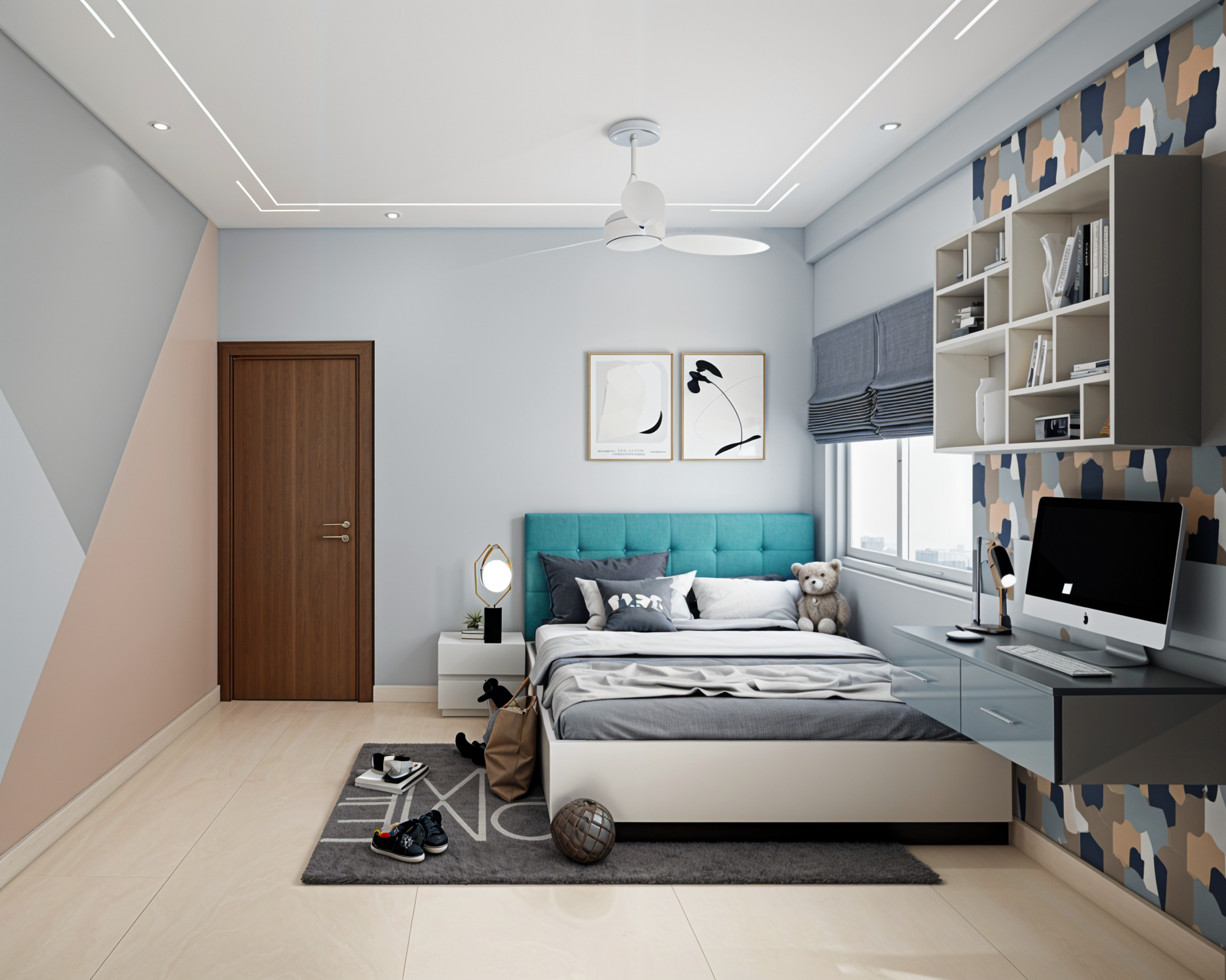 Kids Bedroom Design with Light Blue Walls, Grey Study Space with Open Wall Shelf