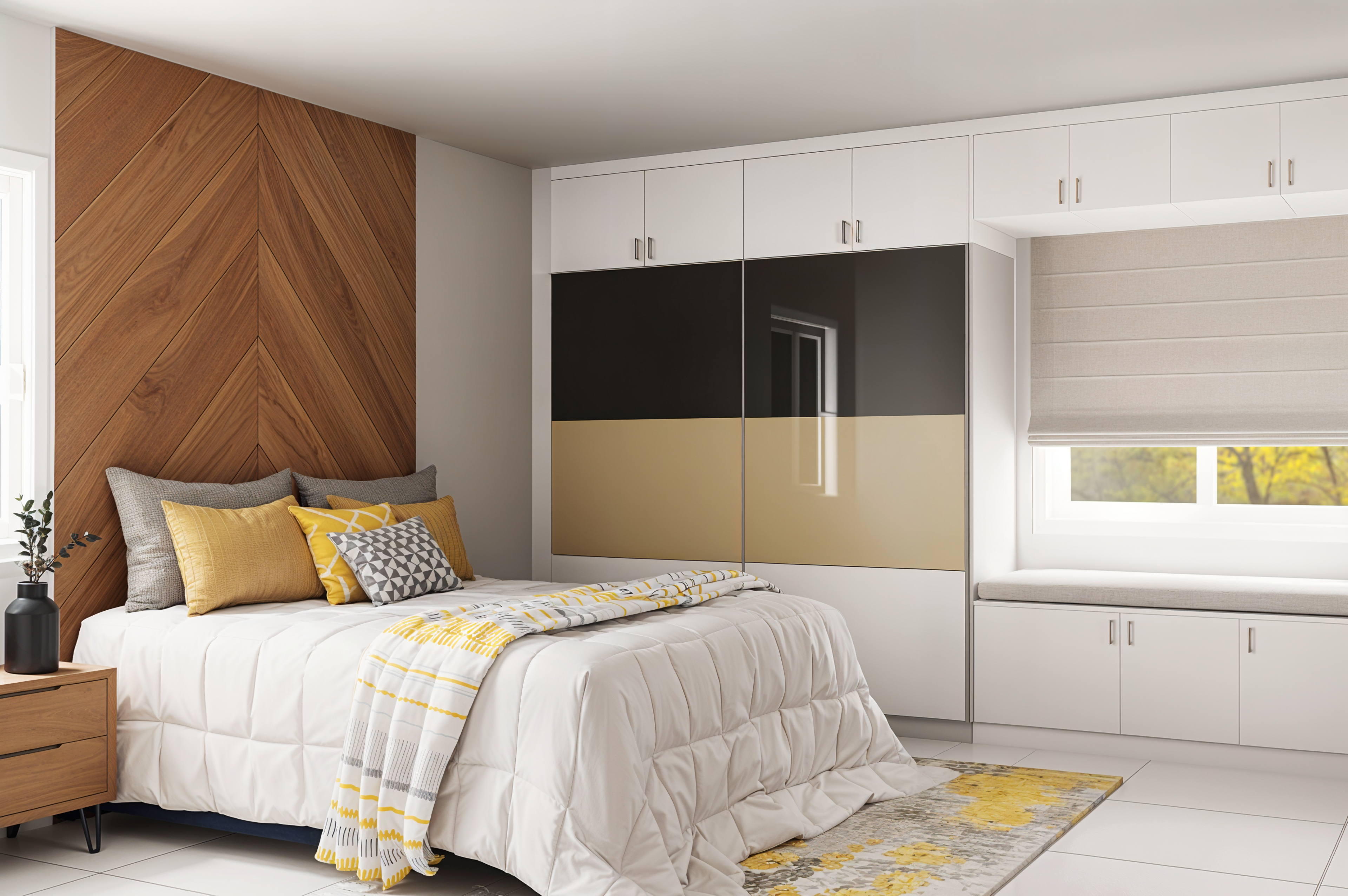 Master Bedroom Design with 2-Door Sliding Wardrobe, Wooden Headboard Wall and Large Window with Cushioned Seating