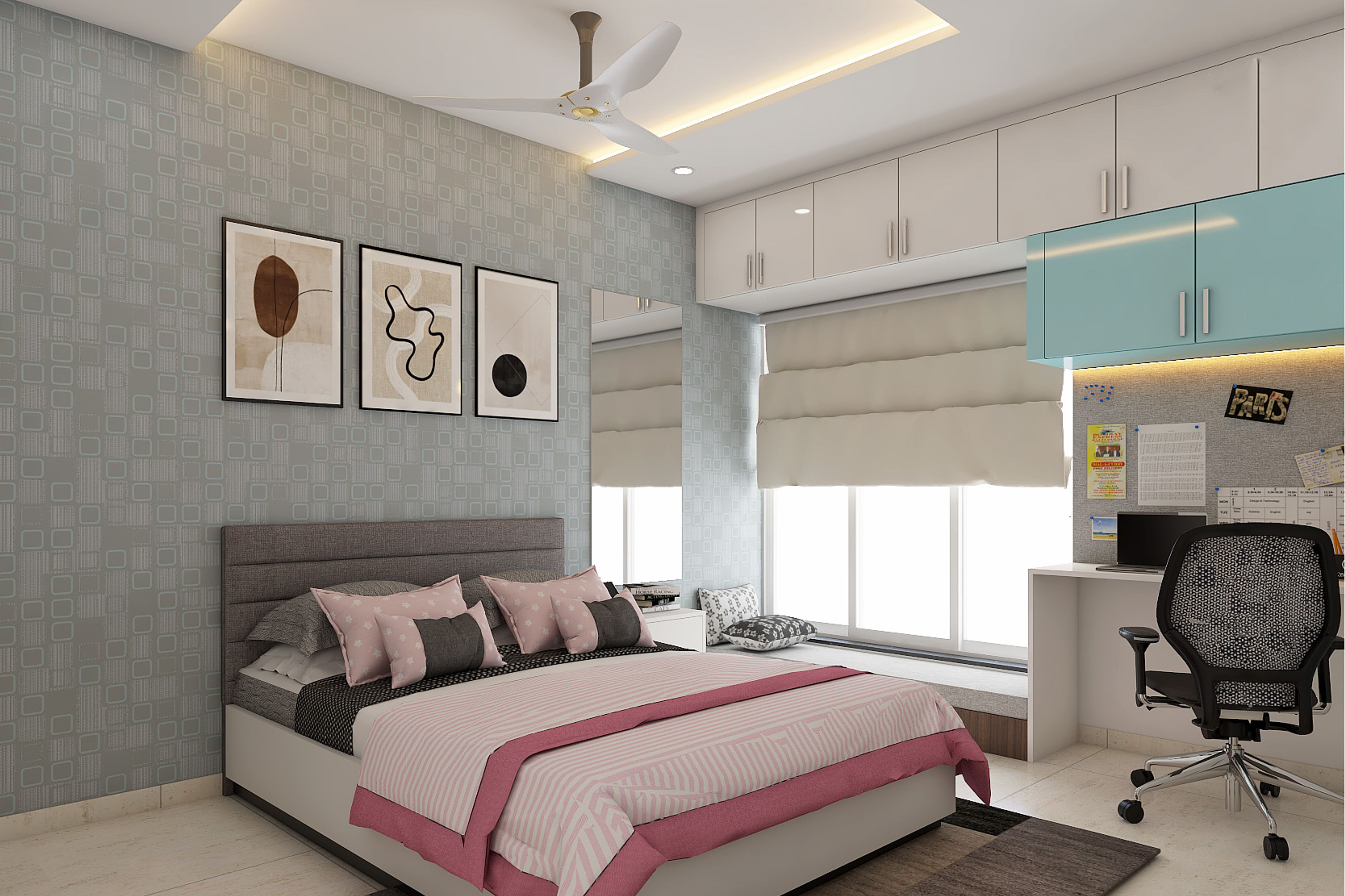 Kids Bedroom Design with Grey Wallpaper, Study Space with Blue Wall Unit, White Loft Unit and Wall Mounted Rectangular Mirror
